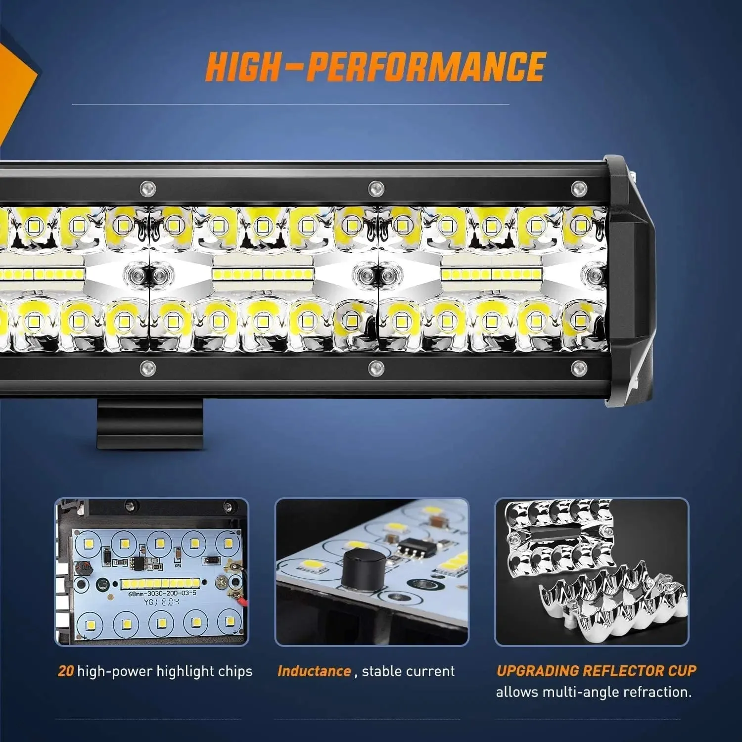 20 Inch 420W 42000LM Triple Row Spot Flood LED Light Bar | Horizontal Bar Clamp Mount | 16AWG Wire 3Pin Switch