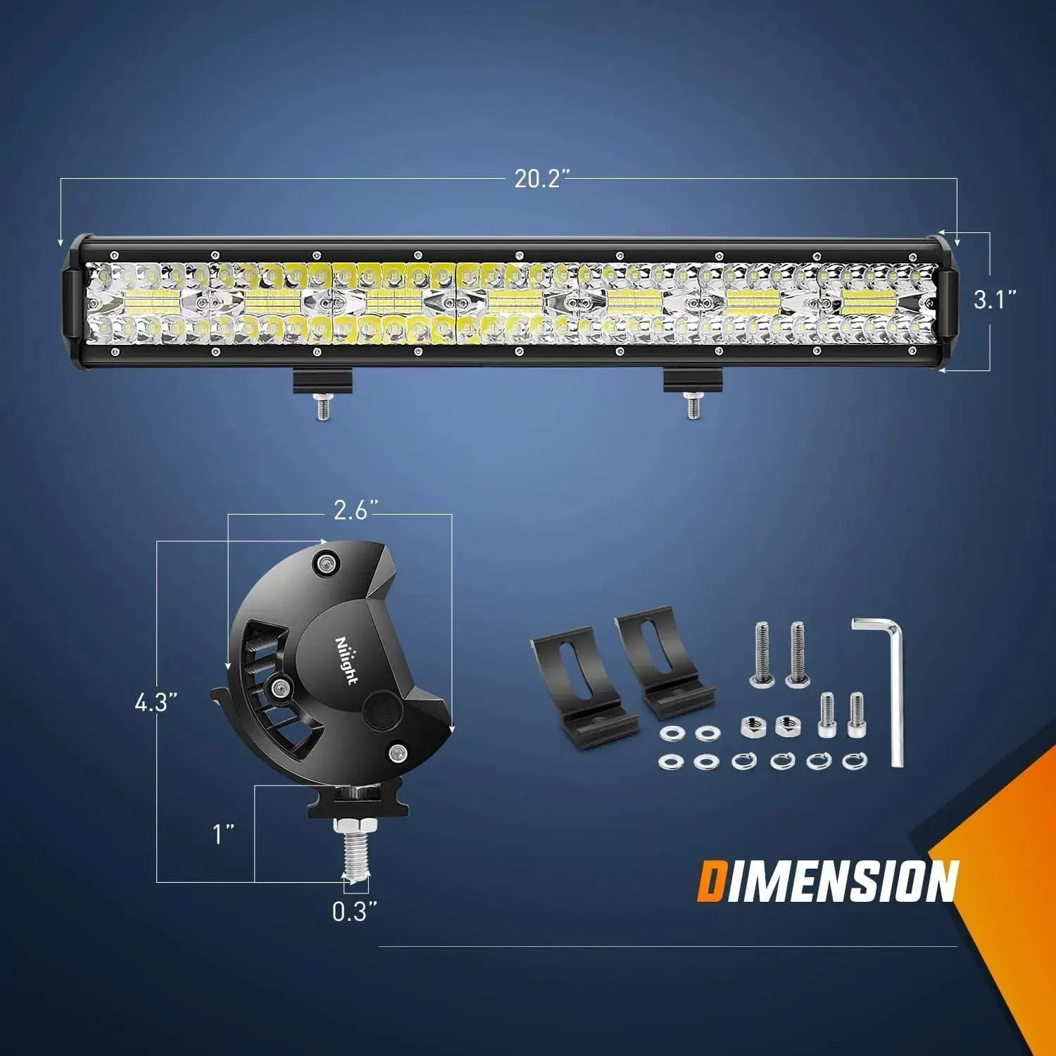 20 Inch 420W 42000LM Triple Row Spot Flood LED Light Bar | Horizontal Bar Clamp Mount | 16AWG Wire 3Pin Switch