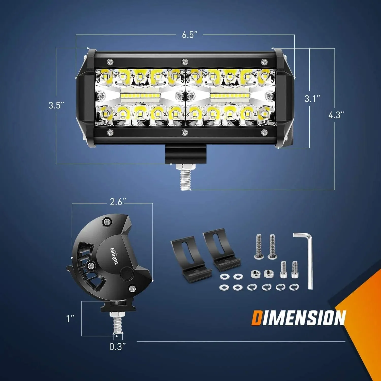 6.5 Inch 120W Triple Row Spot Flood LED Light Bars (Pair) | Horizontal Bar Tube Clamp | 16AWG Wire 3Pin Switch