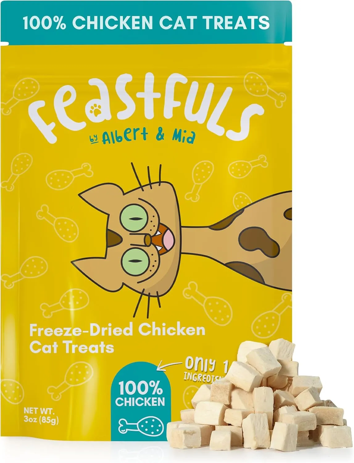 ALBERT & MIA Feastfuls Freeze Dried Cat Treats - 100% Chicken Breast, Soft, High in Protein, Extra Tasty, Great for Training Cats (3oz)