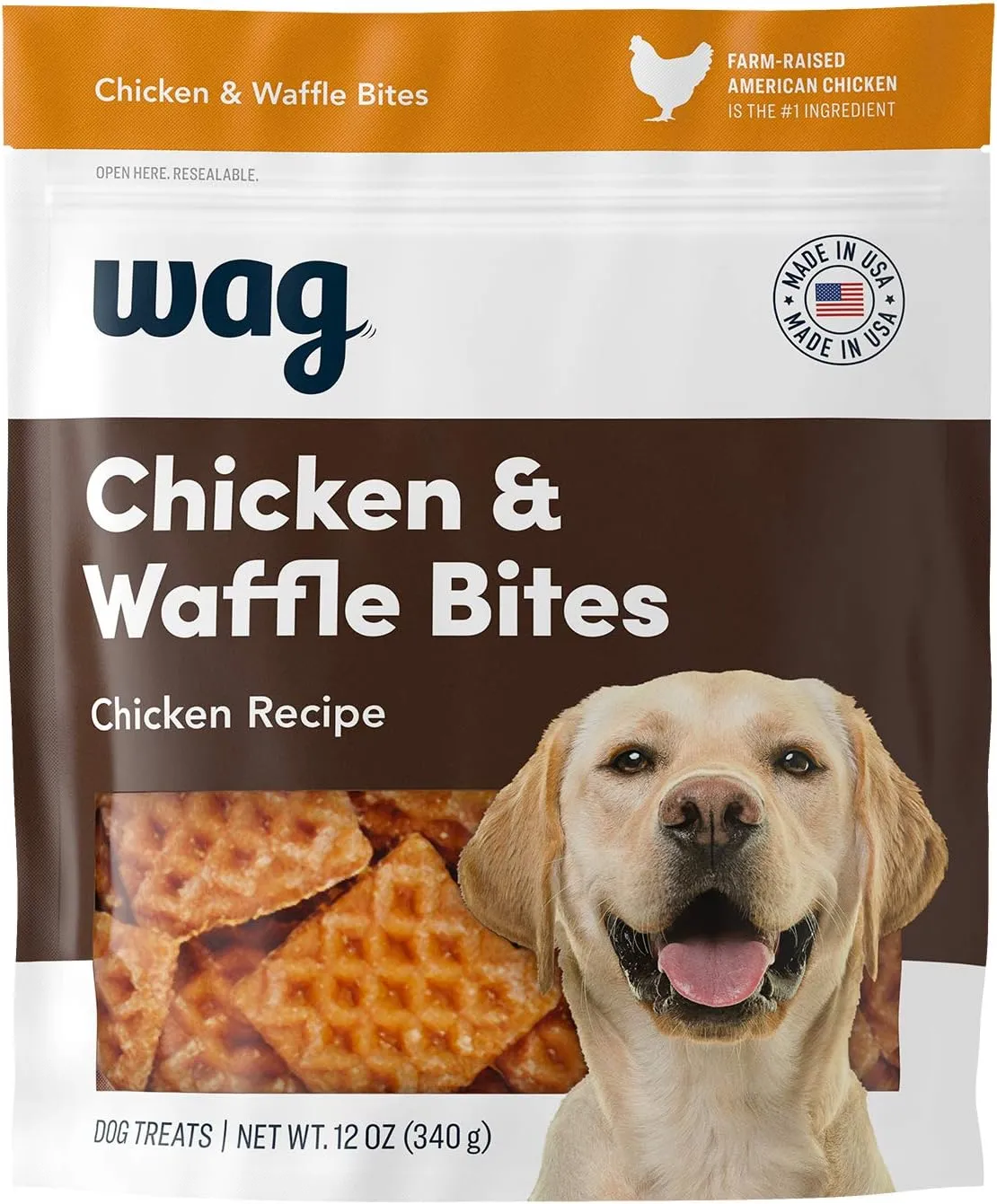 Amazon Brand - Wag Dog Treats, Chicken and Waffle Bites, 12 oz Resealable Pack of 1