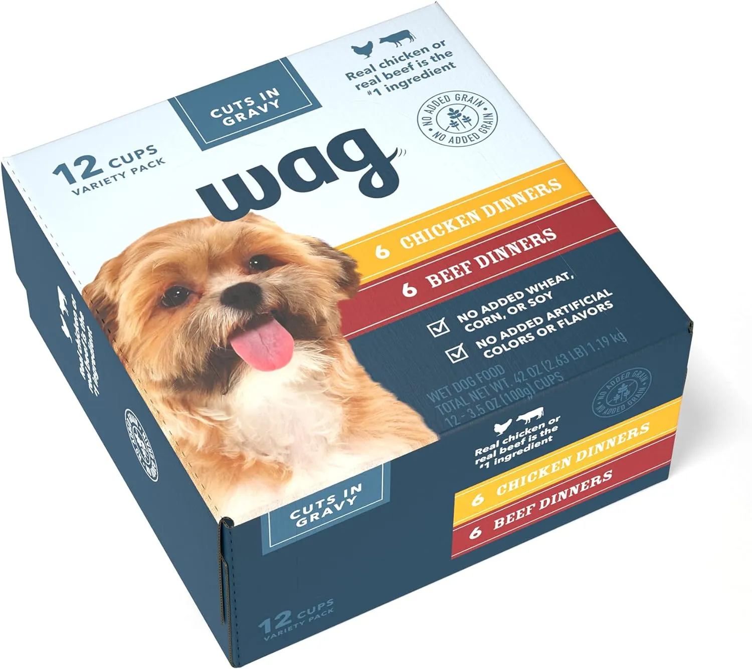 Amazon Brand  Wag Wet Dog Food Cups, Chicken & Beef in Gravy Variety Pack, 3.5oz, 12 pack