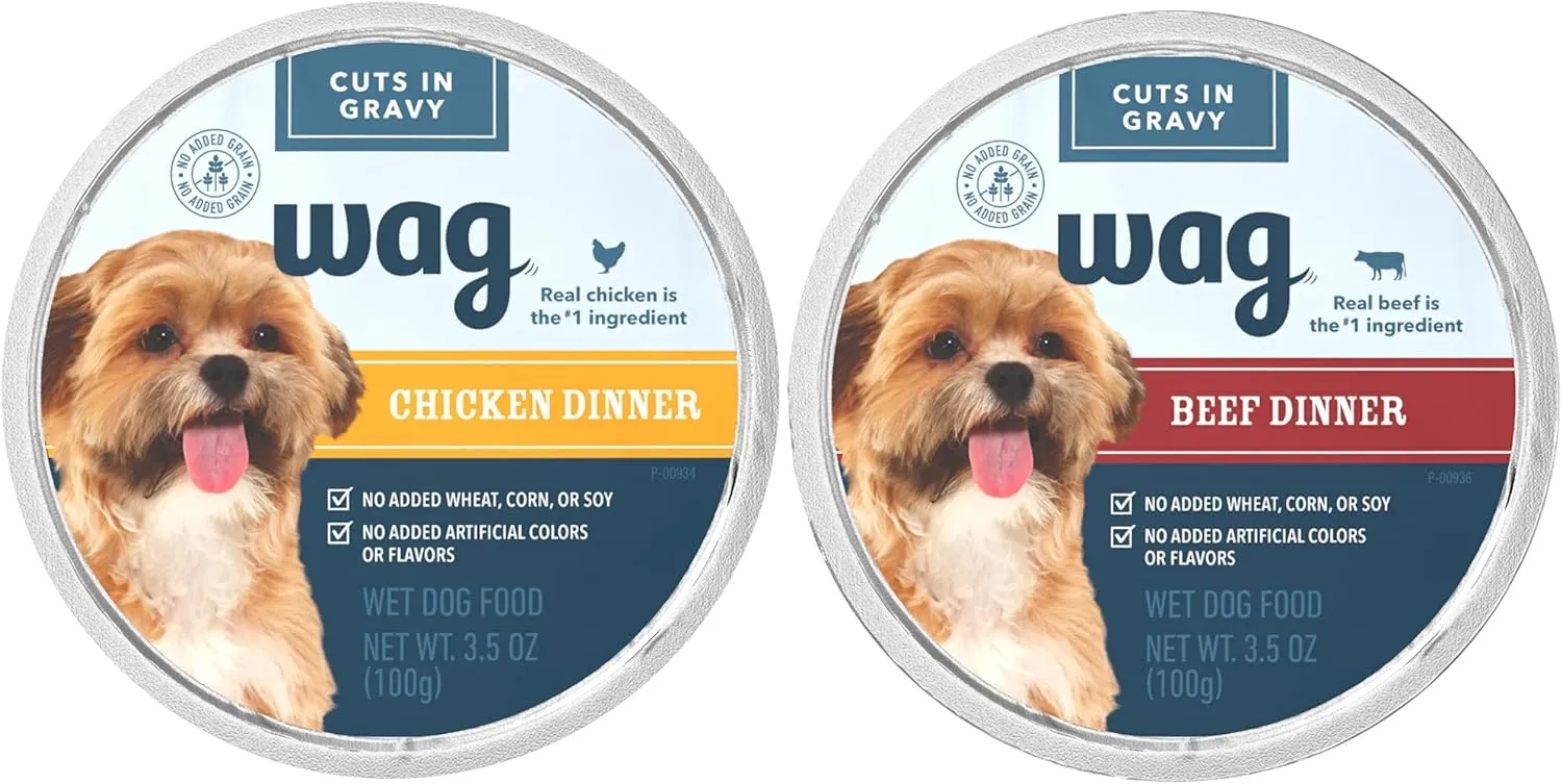 Amazon Brand  Wag Wet Dog Food Cups, Chicken & Beef in Gravy Variety Pack, 3.5oz, 12 pack