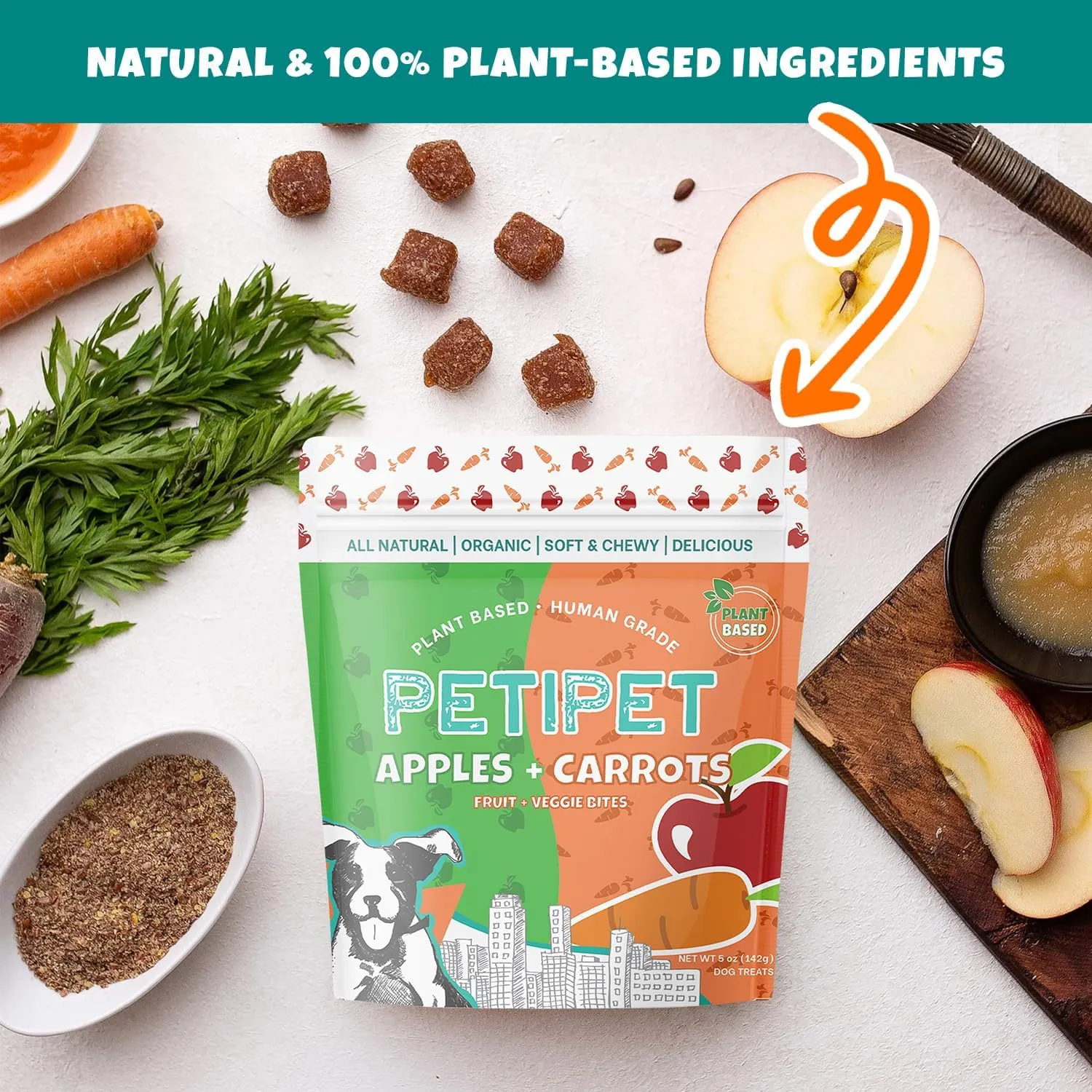 Apples Carrots Plant-Based Fruit Dog Treats - Carrot and Apple Soft & Chewy Treats - Healthy Vegetarian, Vegan Dog Treats with Organic Ingredients - Low-Protein, Hypoallergenic, Gluten-Free