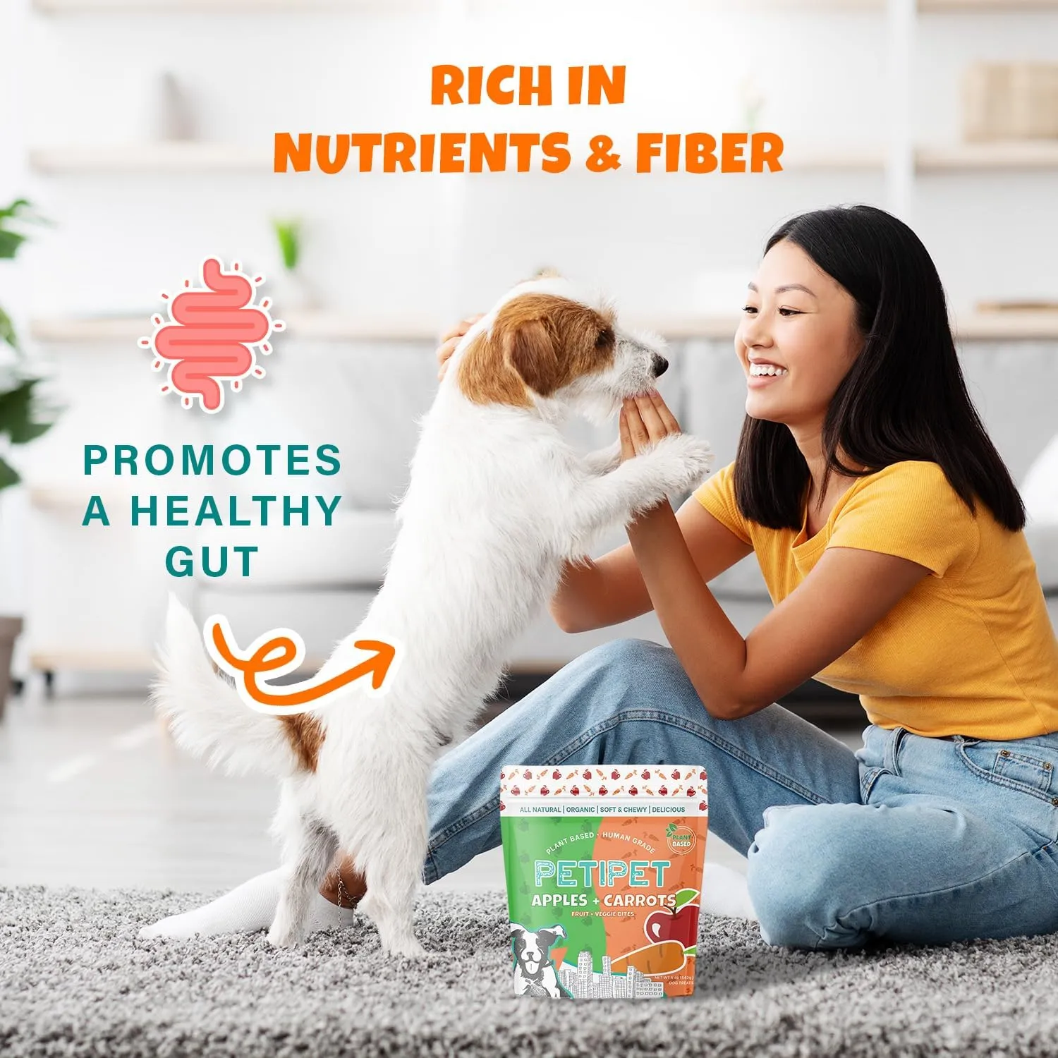 Apples Carrots Plant-Based Fruit Dog Treats - Carrot and Apple Soft & Chewy Treats - Healthy Vegetarian, Vegan Dog Treats with Organic Ingredients - Low-Protein, Hypoallergenic, Gluten-Free