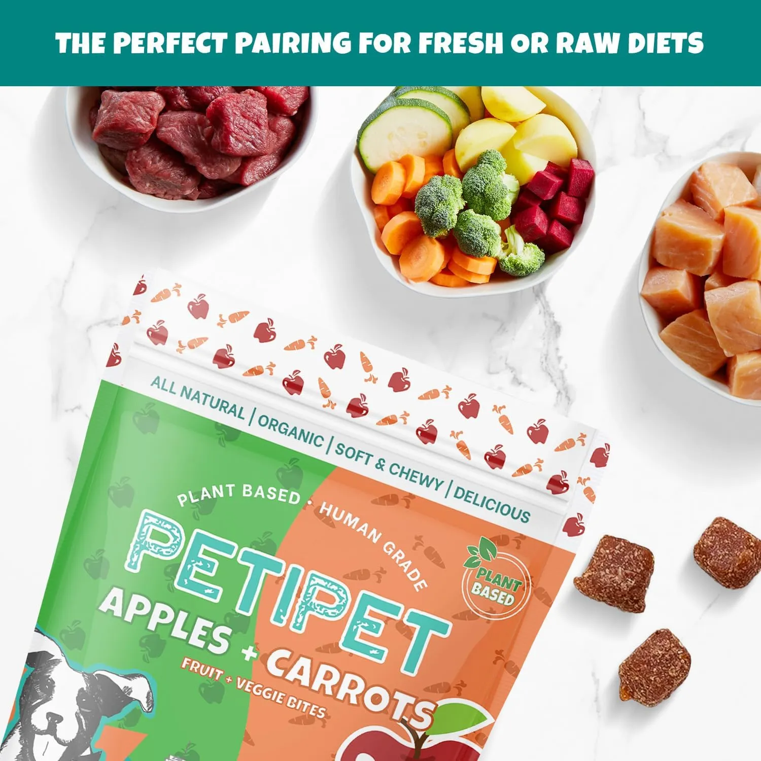Apples Carrots Plant-Based Fruit Dog Treats - Carrot and Apple Soft & Chewy Treats - Healthy Vegetarian, Vegan Dog Treats with Organic Ingredients - Low-Protein, Hypoallergenic, Gluten-Free