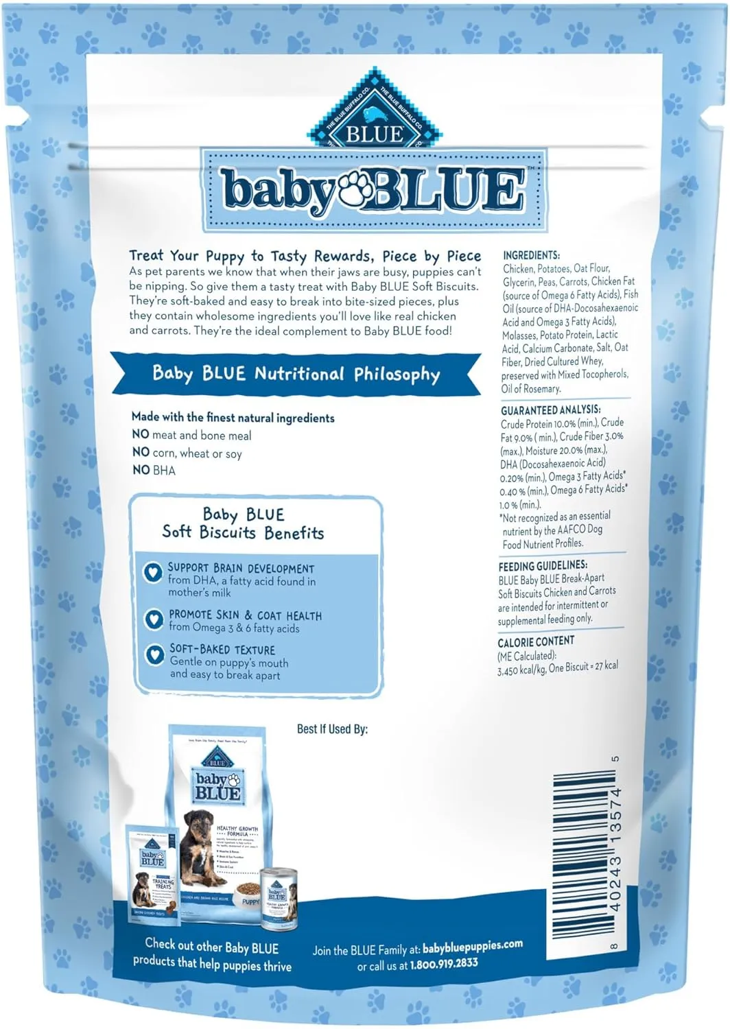 Blue Buffalo Baby BLUE Soft Biscuits with DHA, Natural Dog Treats for Puppies, Great for Training, with Chicken & Carrots, 8-oz. Bag