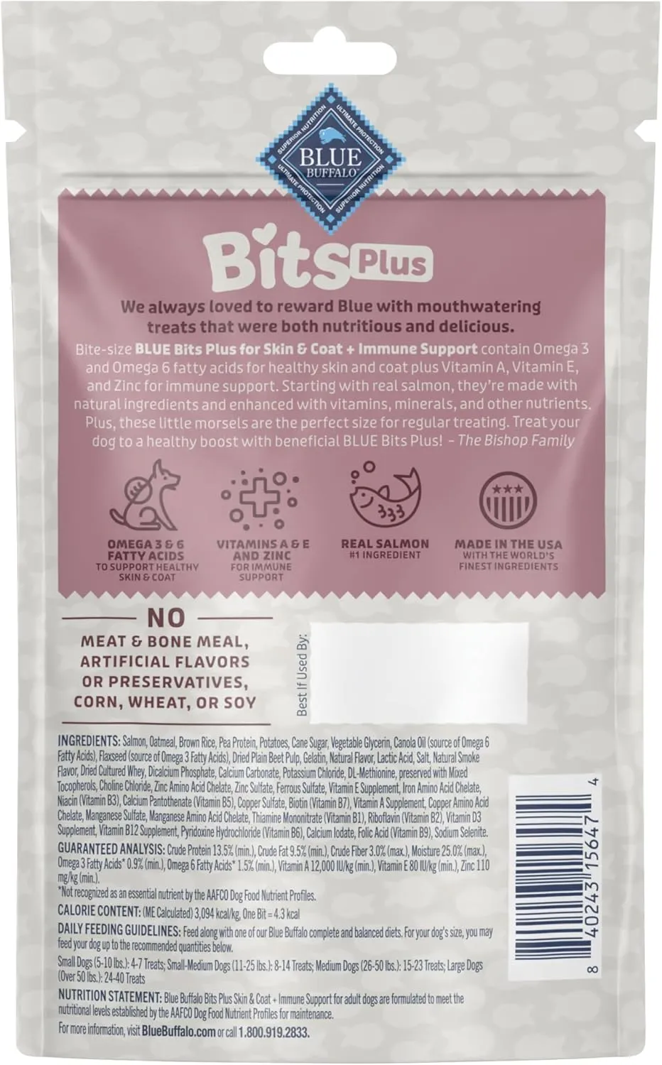 Blue Buffalo Blue Bits Plus Skin & Coat and Immune Support Dog Treats, Salmon, 3.5-oz. Bag