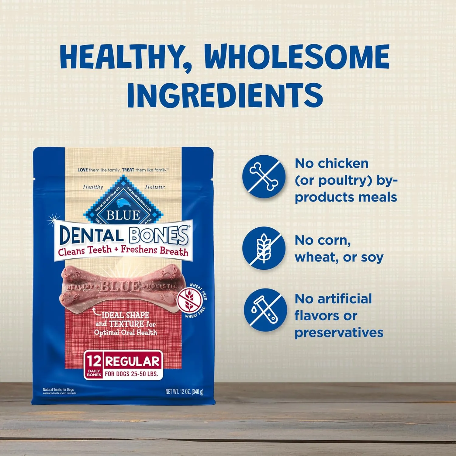 Blue Buffalo Dental Bones Regular Natural Dental Chew Dog Treats Bag, 12oz. Bag