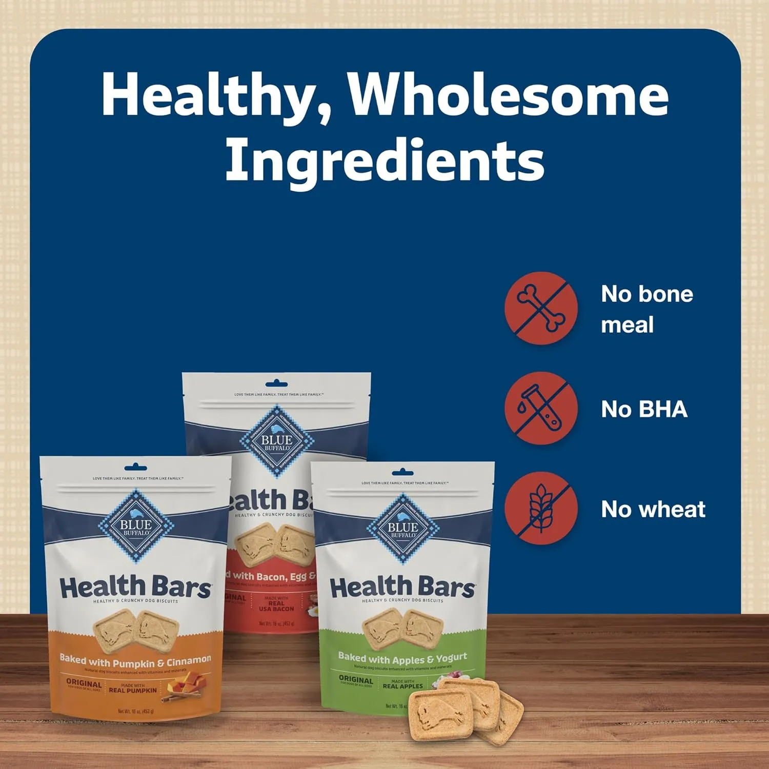 Blue Buffalo Health Bars Crunchy Dog Biscuits, Variety Pack, Bacon, Egg & Cheese, Apple & Yogurt, Pumpkin & Cinnamon, 16-oz Bags