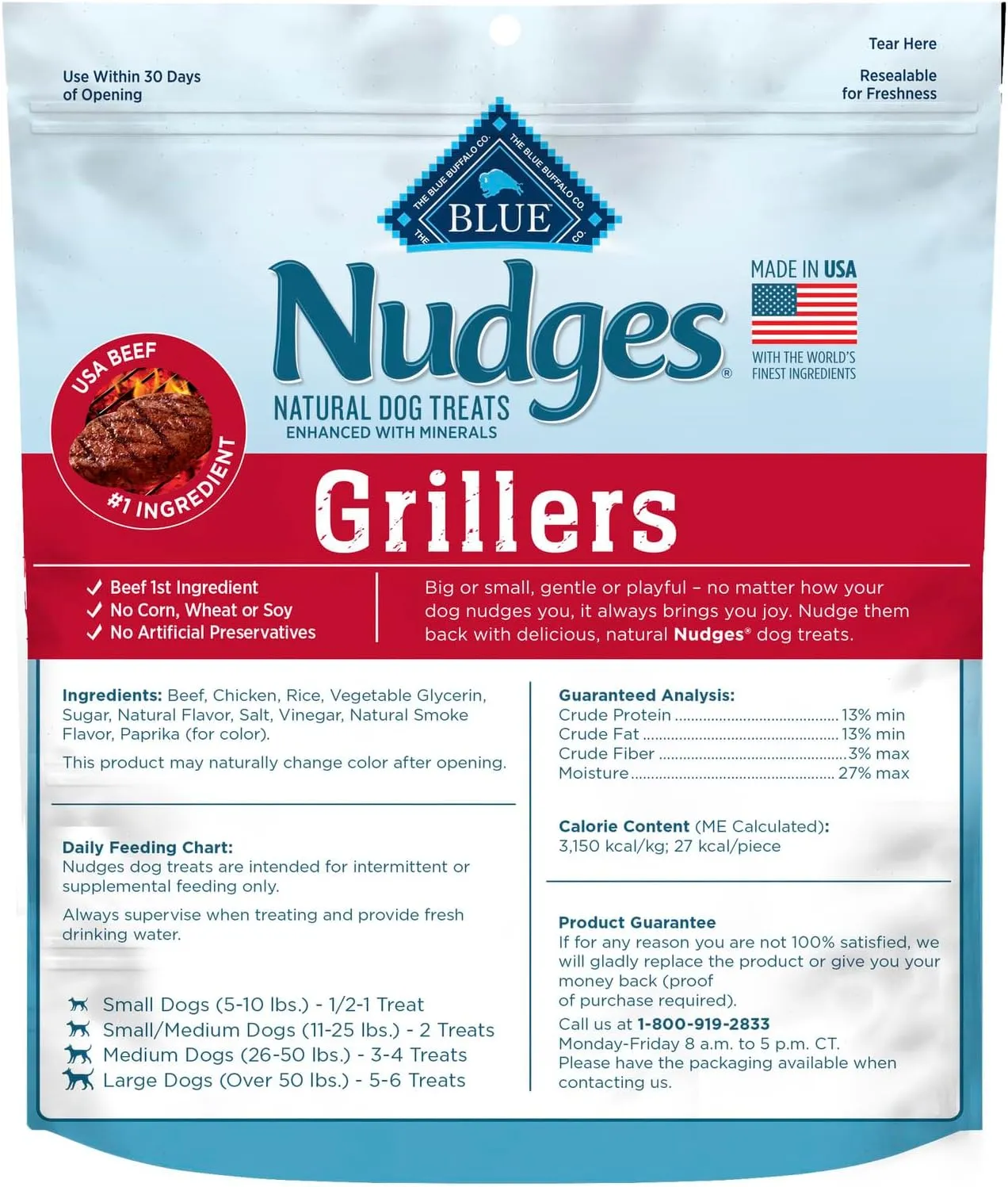 Blue Buffalo Nudges Grillers Natural Dog Treats, Made in the USA with Real Steak, 16-oz Bag