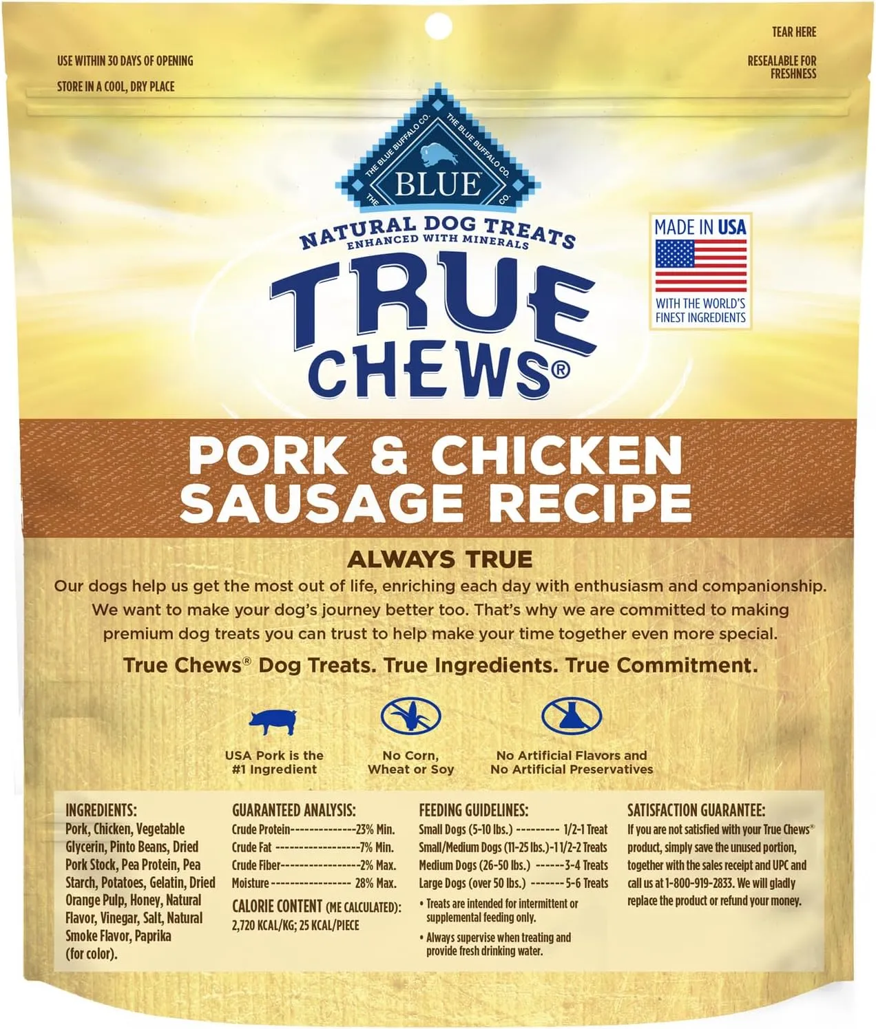 Blue Buffalo True Chews Dog Treats, Made in the USA with Natural Ingredients, Pork and Chicken Sausage Recipe, 14-oz Bag