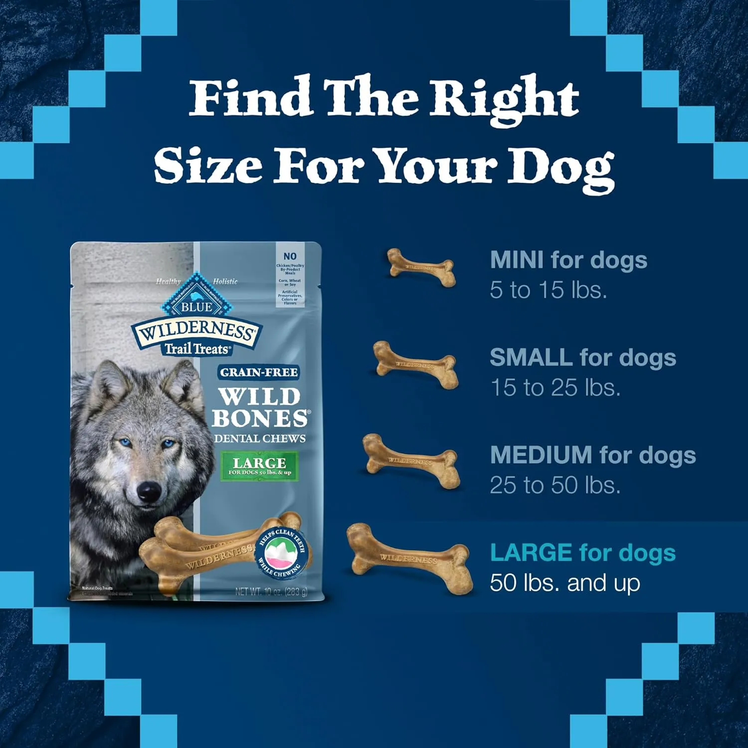 Blue Buffalo Wilderness Trail Treats Wild Bones Large Dental Chews, Grain-Free Dog Bones For Large Dogs Made with Natural Ingredients, 10-oz Bag
