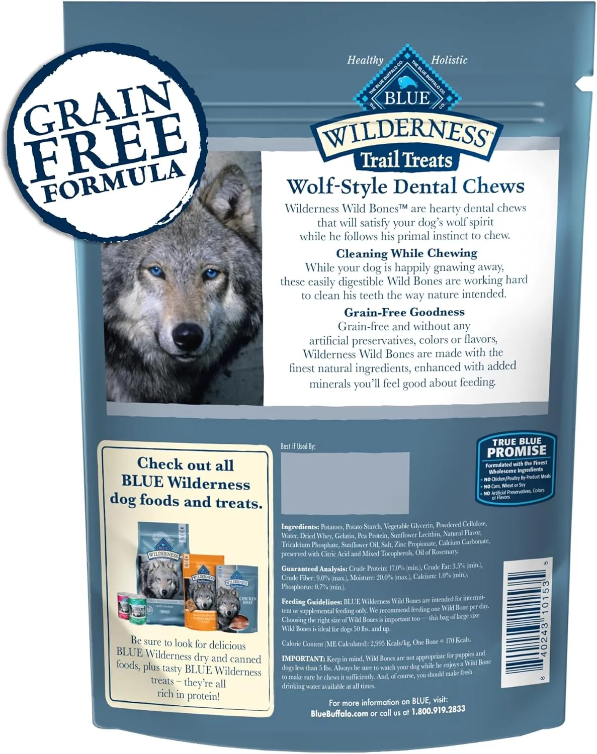 Blue Buffalo Wilderness Trail Treats Wild Bones Large Dental Chews, Grain-Free Dog Bones For Large Dogs Made with Natural Ingredients, 10-oz Bag