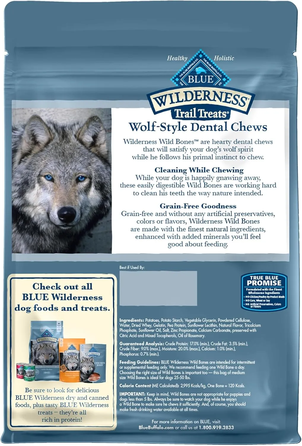 Blue Buffalo Wilderness Wild Bones Grain-Free Dental Chews Dog Treats, Medium, 27-oz Bag
