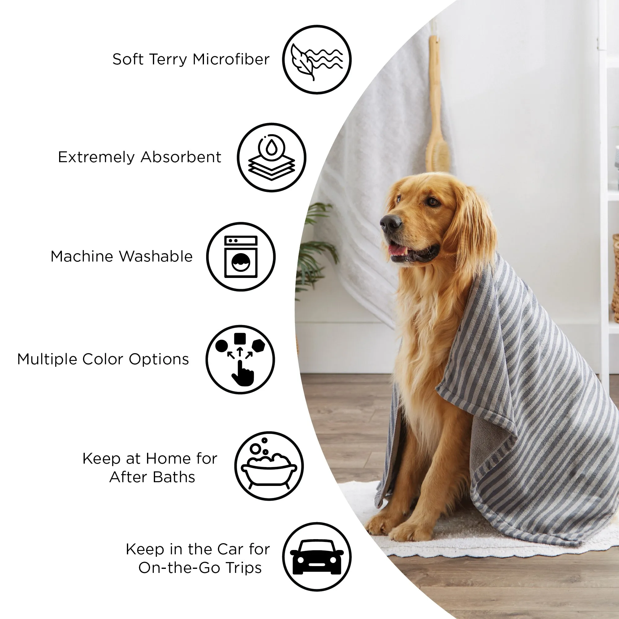 Bone Dry Stripe Pet Towel, Absorbent Microfiber, Taupe, Large - 41x23.5"