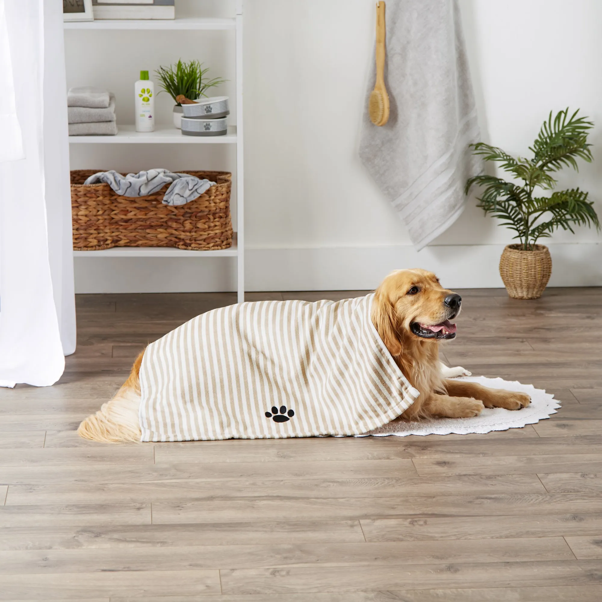 Bone Dry Stripe Pet Towel, Absorbent Microfiber, Taupe, Large - 41x23.5"