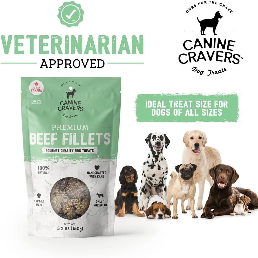 Canine Cravers Single Ingredient Dog Treats  Premium Beef Fillets - Human Grade Air Dried Hypoallergenic Pet Food  Grain, Gluten, and Soy Free  100% All Natural - 5.3 oz