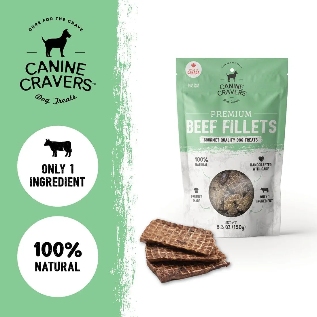 Canine Cravers Single Ingredient Dog Treats  Premium Beef Fillets - Human Grade Air Dried Hypoallergenic Pet Food  Grain, Gluten, and Soy Free  100% All Natural - 5.3 oz