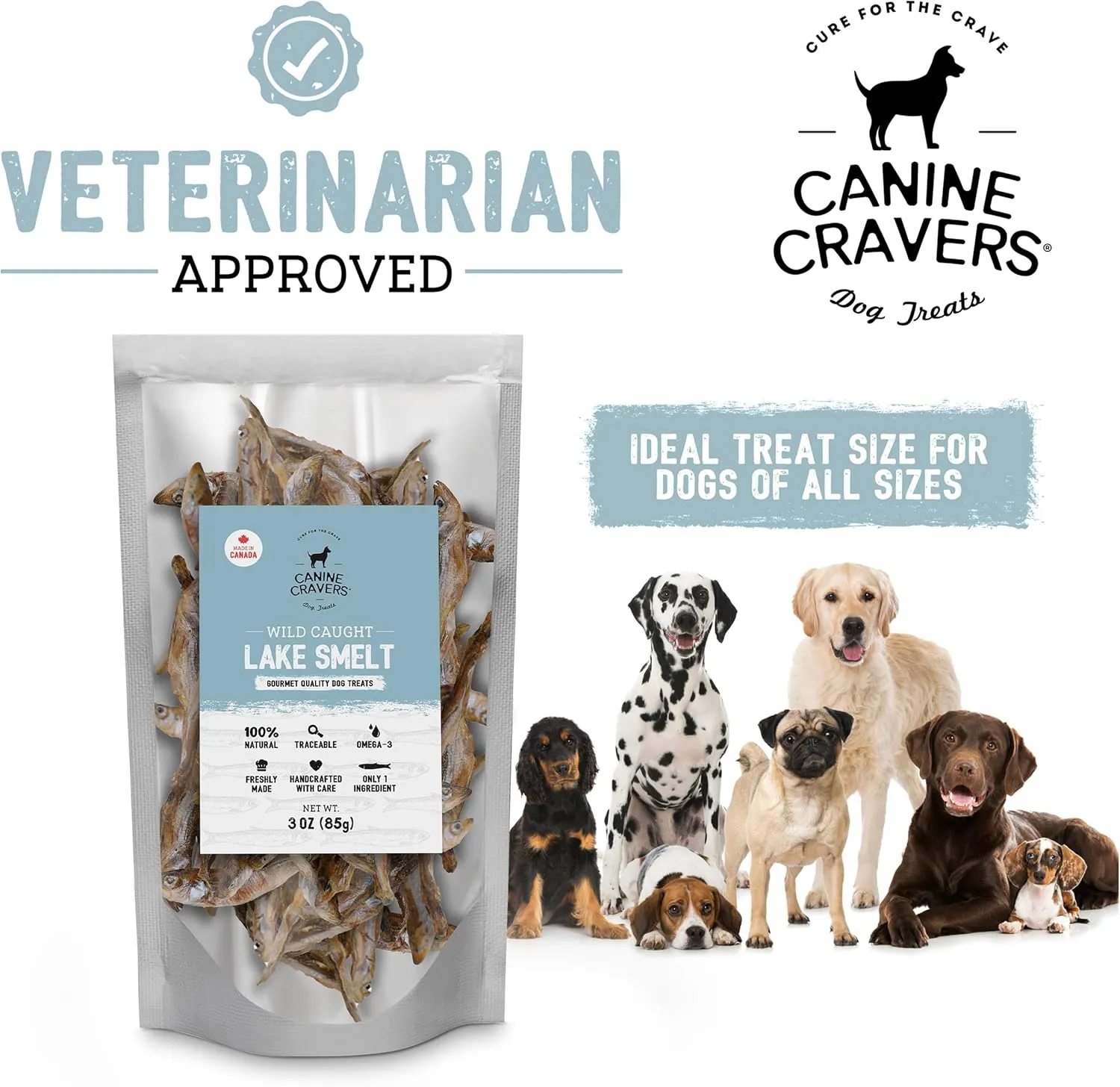 Canine Cravers Single Ingredient Dog Treats  Wild Caught Lake Smelt - Human Grade Air Dried Hypoallergenic Pet Food  Grain, Gluten, and Soy Free  100% All Natural  3 oz