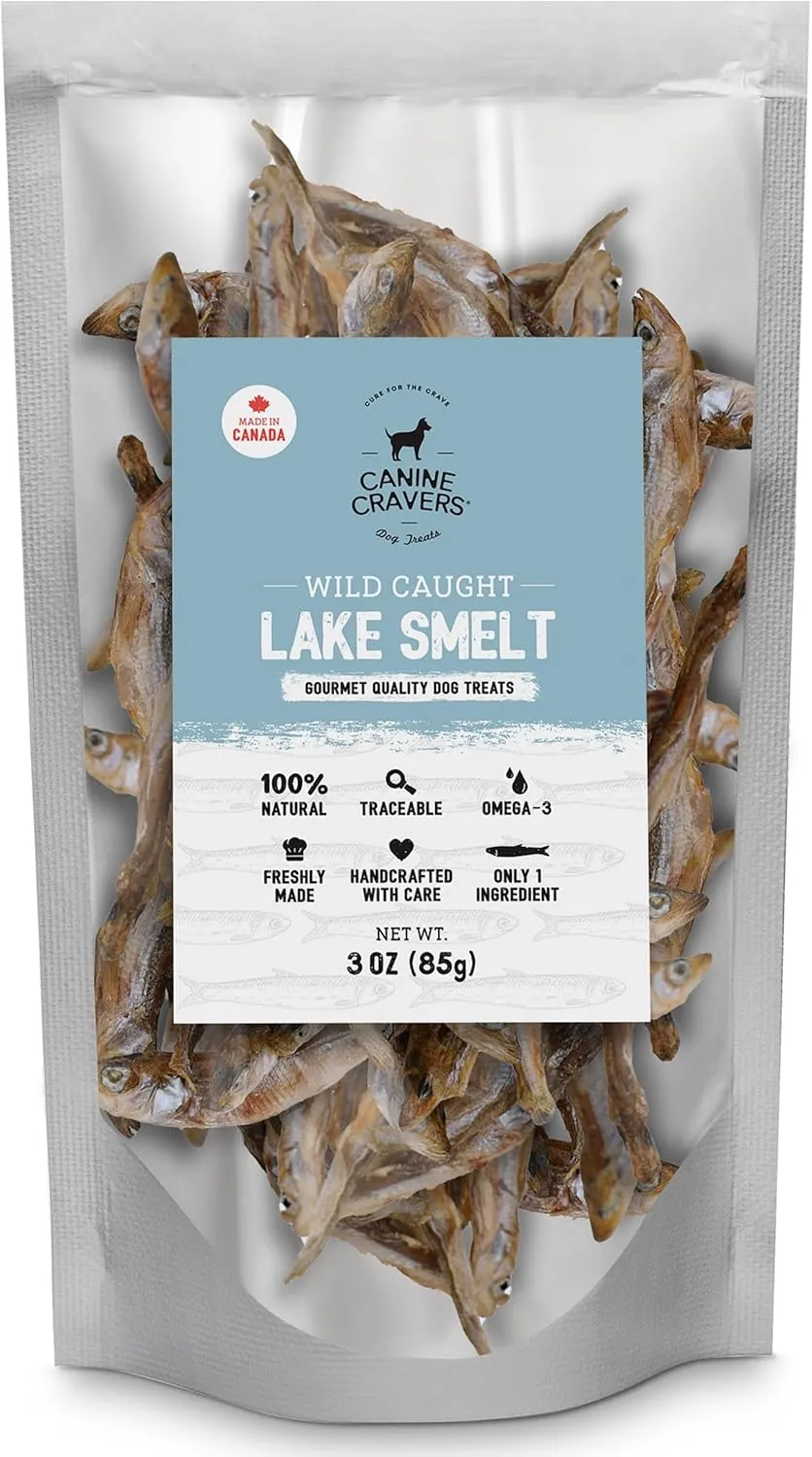 Canine Cravers Single Ingredient Dog Treats  Wild Caught Lake Smelt - Human Grade Air Dried Hypoallergenic Pet Food  Grain, Gluten, and Soy Free  100% All Natural  3 oz