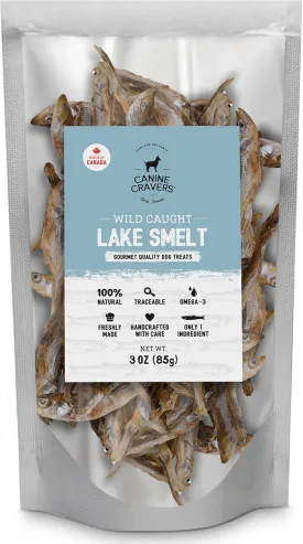 Canine Cravers Single Ingredient Dog Treats  Wild Caught Lake Smelt - Human Grade Air Dried Hypoallergenic Pet Food  Grain, Gluten, and Soy Free  100% All Natural  3 oz