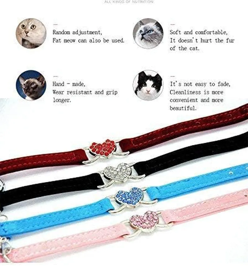 Cat Collar with Crystal Heart Charm and Bells 8-11 Inches(Black Red Pink Blue)