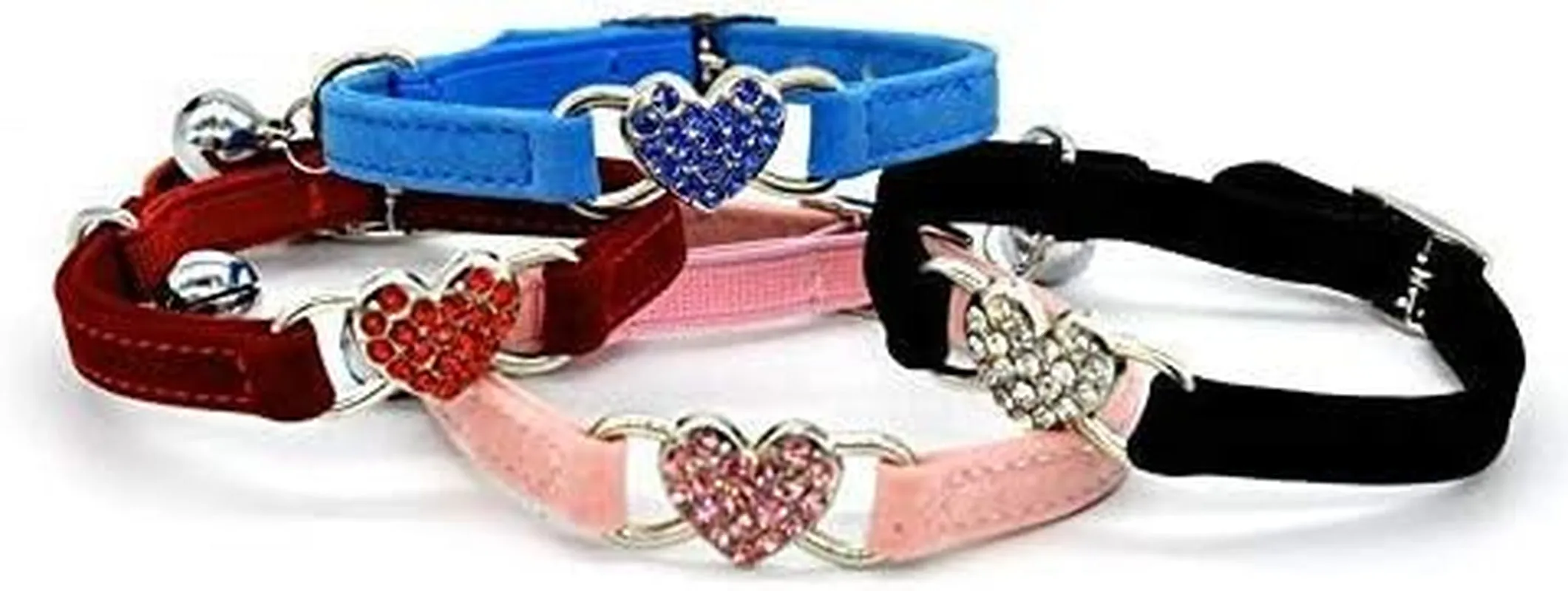 Cat Collar with Crystal Heart Charm and Bells 8-11 Inches(Black Red Pink Blue)