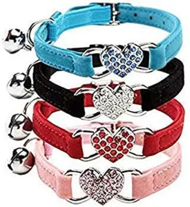 Cat Collar with Crystal Heart Charm and Bells 8-11 Inches(Black Red Pink Blue)