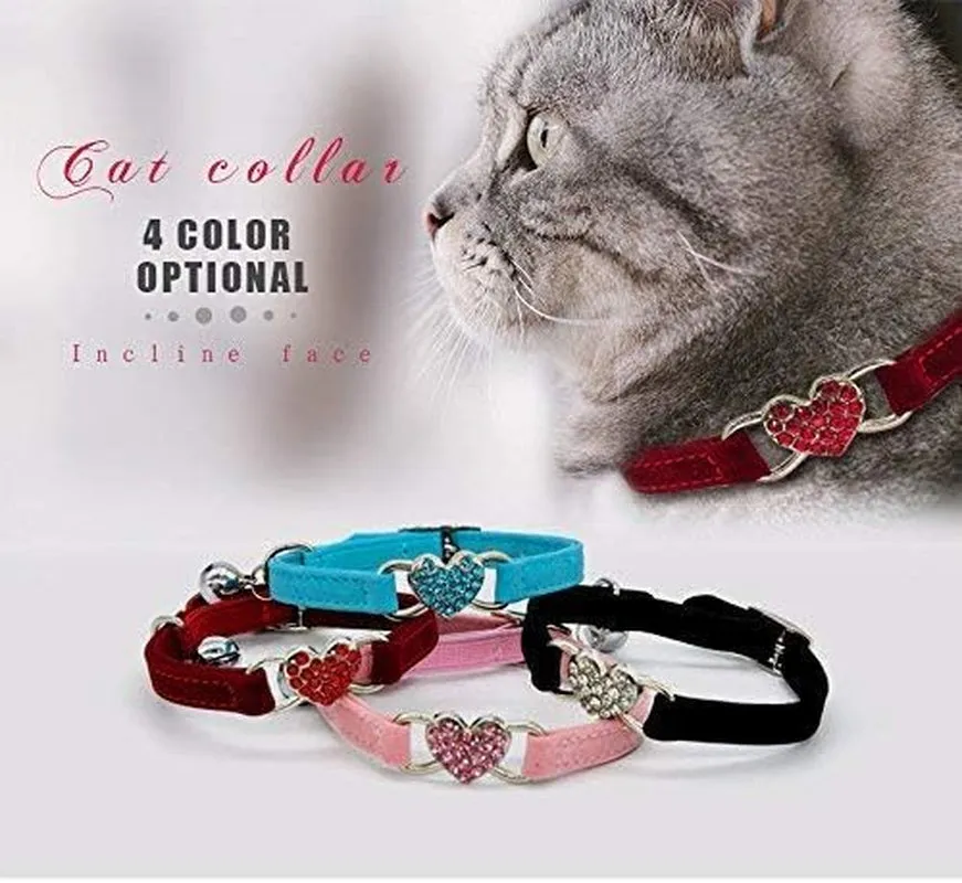 Cat Collar with Crystal Heart Charm and Bells 8-11 Inches(Black Red Pink Blue)