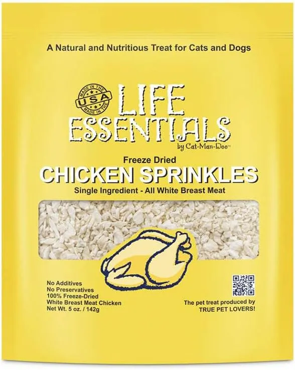 Cat-Man-Doo Life Essentials All Natural Freeze Dried Chicken Crushed Sprinkles Powder for Dogs & Cats - No Fillers, Preservatives, or Additives - No Grain Tasty Treat -Made in USA (5 Oz Bag)