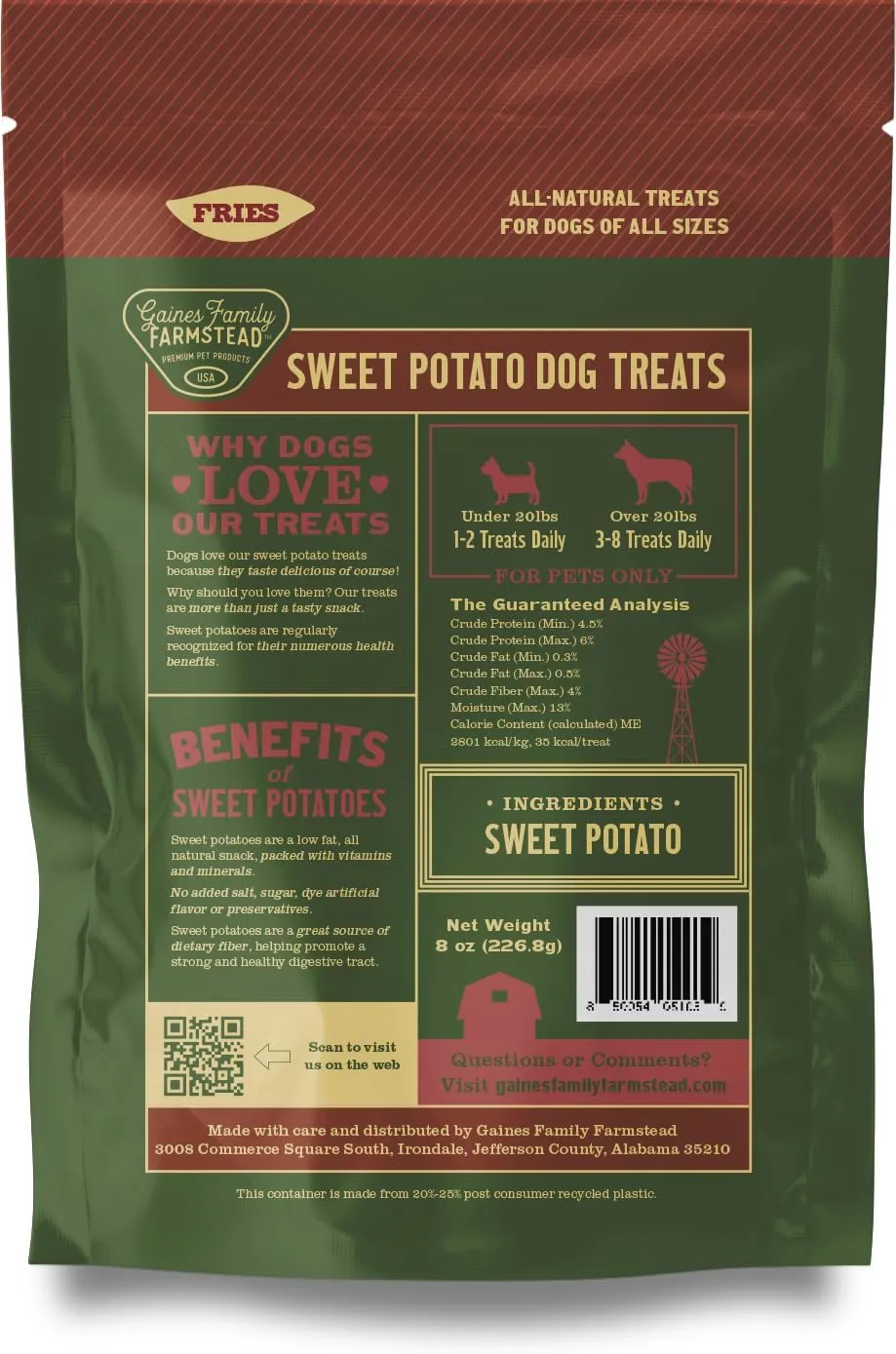 Gaines Family Farmstead Jumbo Sweet Potato Fries for Dogs  14 oz, Chewy Single Ingredient, Grain-Free Dog Treats, Rawhide-Free Chews, High-Fiber Snacks for Training & Rewards, Made in USA
