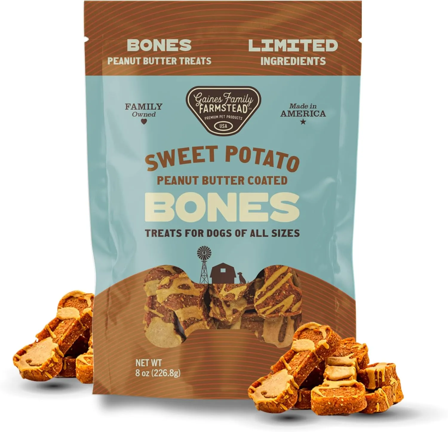 Gaines Family Farmstead Sweet Potato & Peanut Butter Dog Bones  8 oz, Grain-Free, All-Natural Dog Treats for Digestion, Skin, Energy & Immunity  Limited Ingredient, Made in USA
