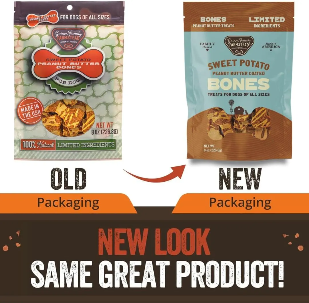 Gaines Family Farmstead Sweet Potato & Peanut Butter Dog Bones  8 oz, Grain-Free, All-Natural Dog Treats for Digestion, Skin, Energy & Immunity  Limited Ingredient, Made in USA