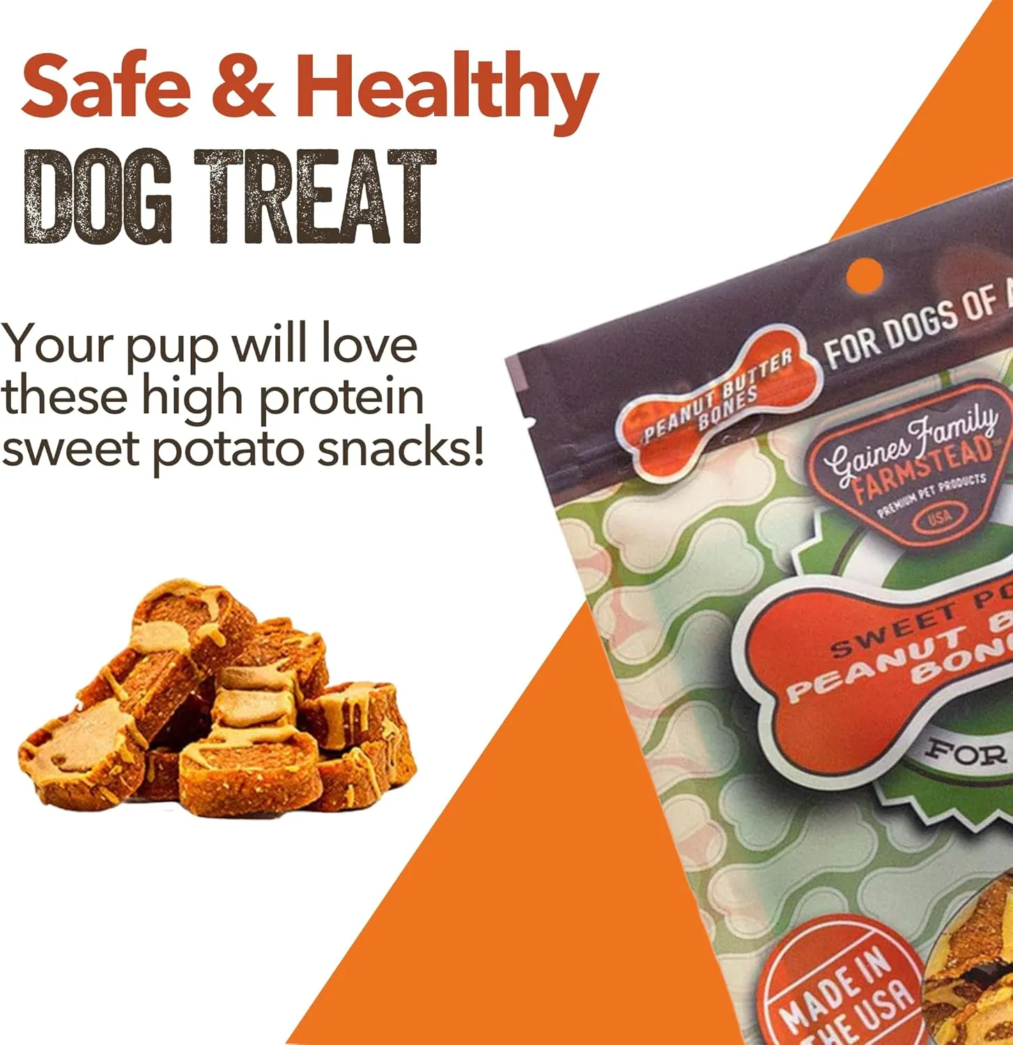 Gaines Family Farmstead Sweet Potato & Peanut Butter Dog Bones  8 oz, Grain-Free, All-Natural Dog Treats for Digestion, Skin, Energy & Immunity  Limited Ingredient, Made in USA