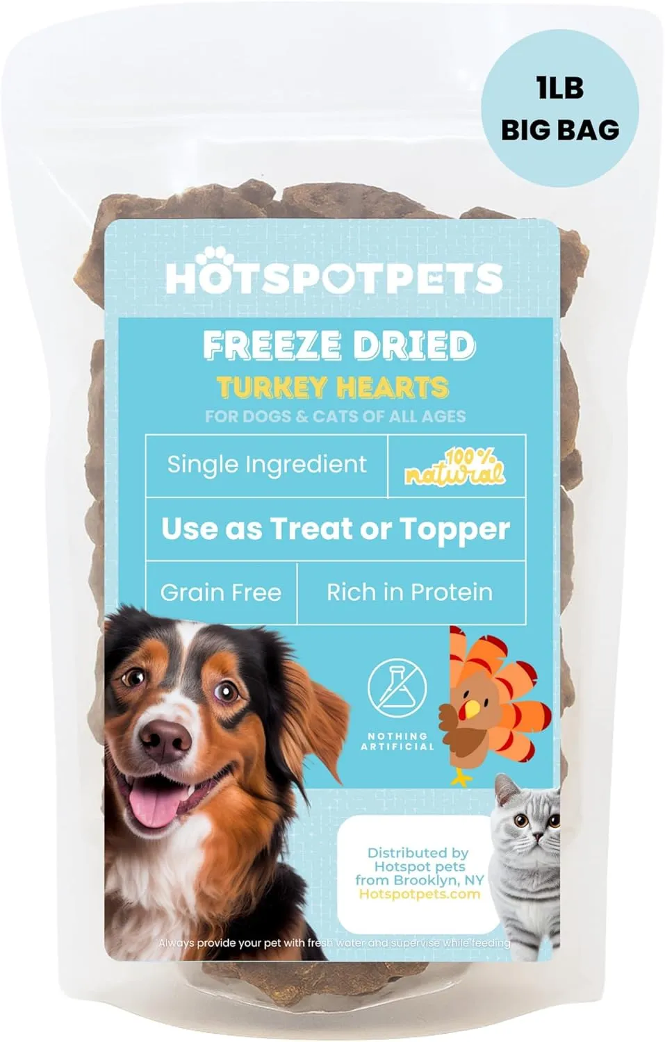 hotspot pets Freeze Dried Turkey Hearts Treats for Cats & Dogs -Made in USA, 1lb Big Bag, Single Ingredient All Natural Grain-Free Turkey Heart - Perfect for Training, Topper or Snack