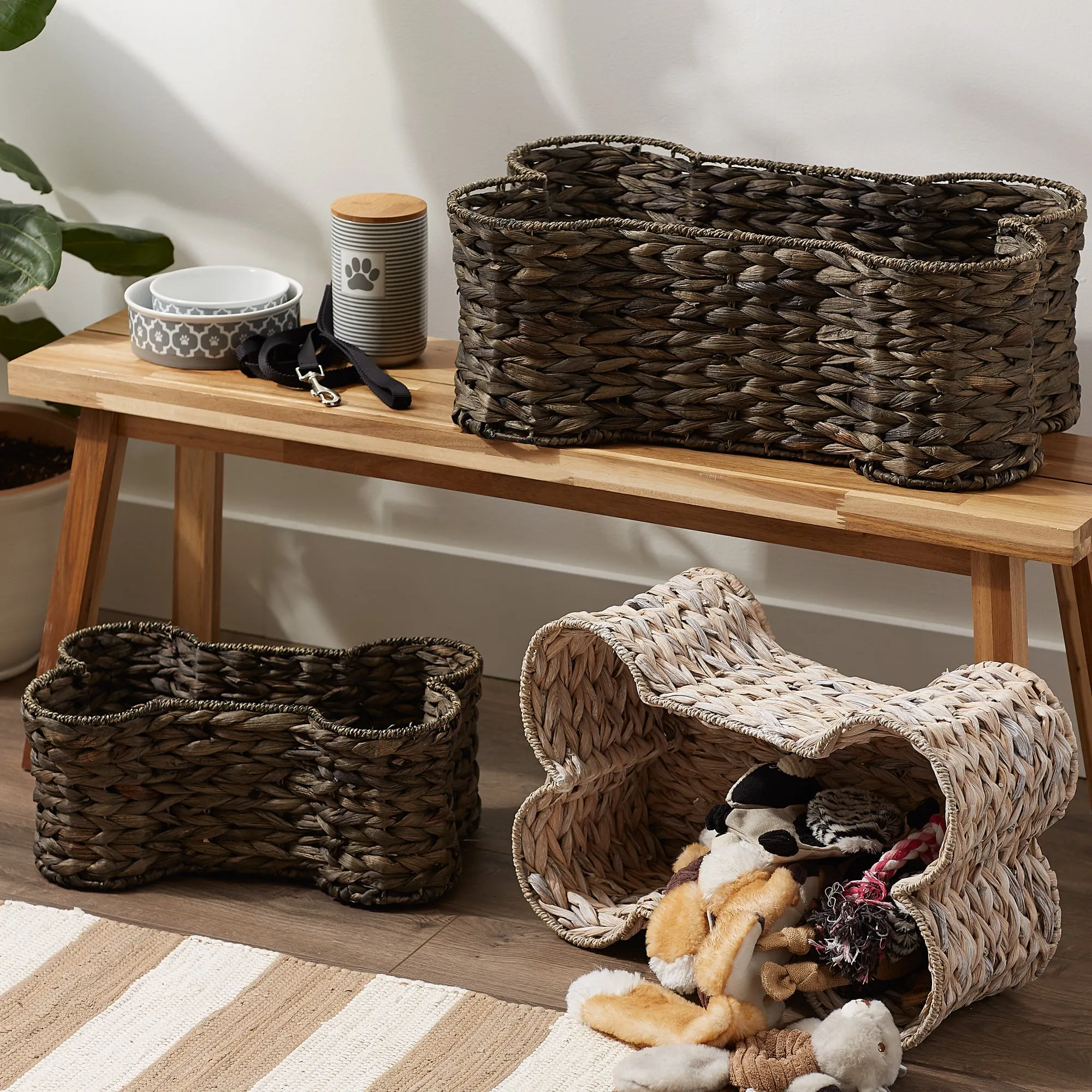 Hyacinth Pet Storage Basket, Bone Shaped, Dark Brown, Small - 17.75x11x7.5"