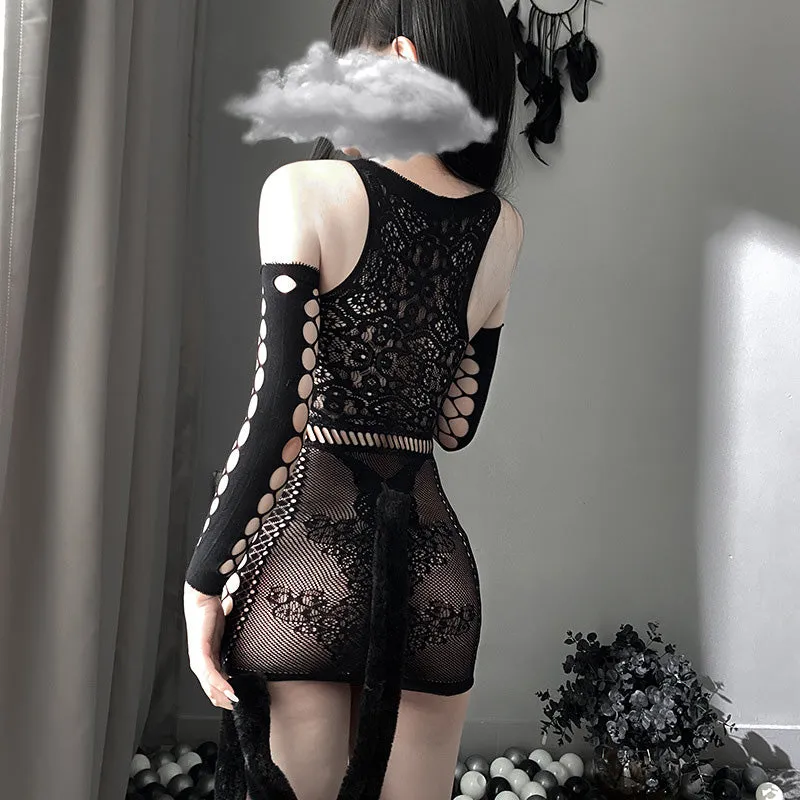 Lingerie Costume Cat Bodystocking Chemise Open Front Center Long Sleeves ZU7420