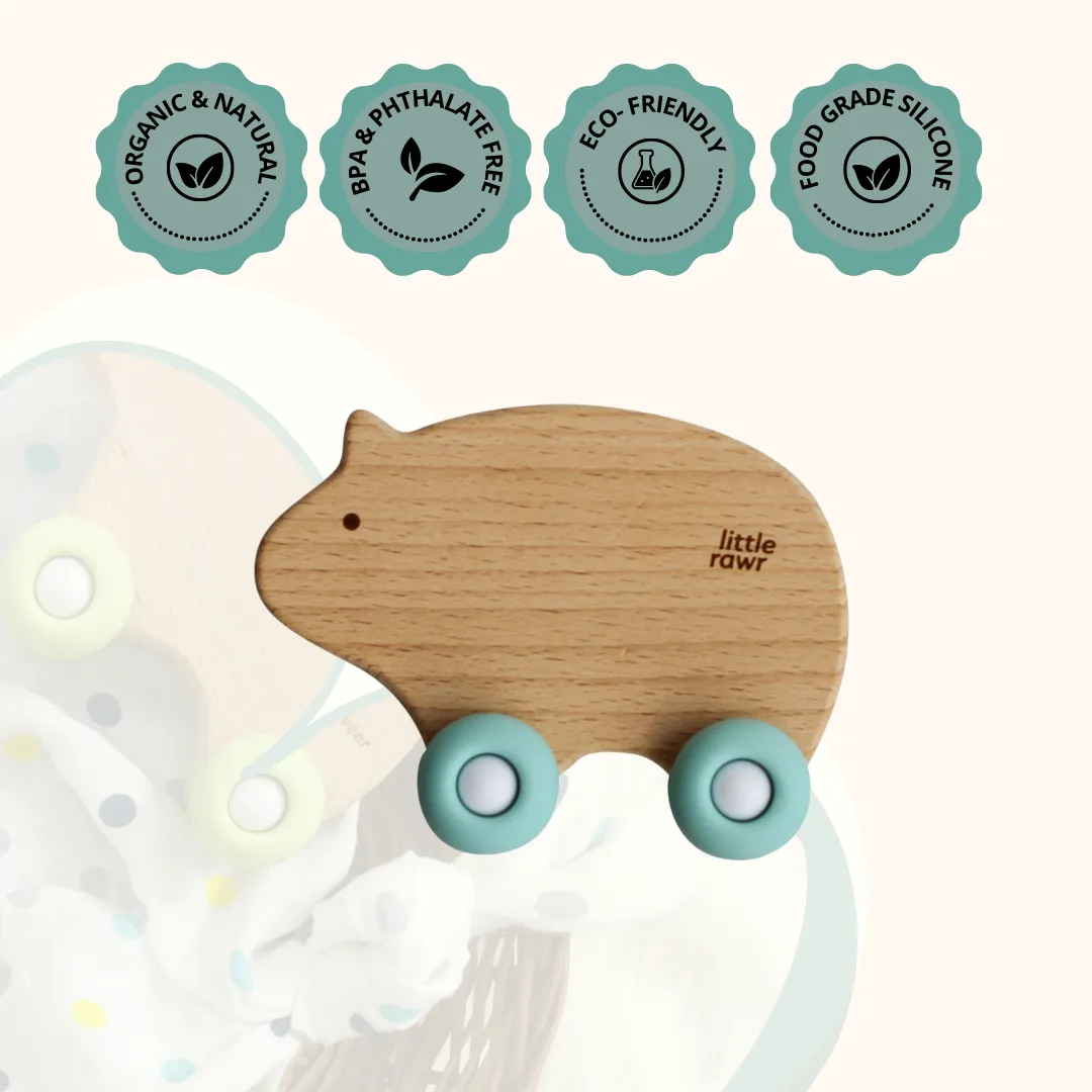 Little Rawr Wood Wheelie Animal - Blue