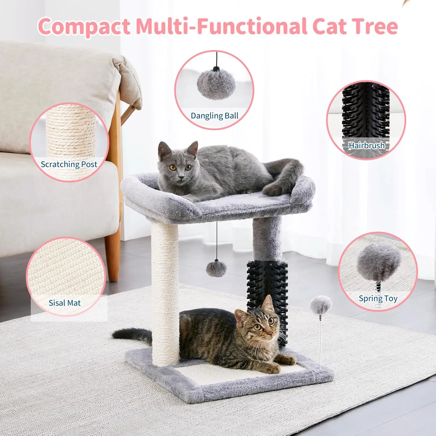 Made4Pets Small Cat Tree Tower, Cat Scratching Post 4-in-1 with Self Groomer Brush, 20" Tall Natural Sisal Cat Scratcher, Soft Plush Cat Perch Bed with Dangling Ball for Indoor Kittens, Grey