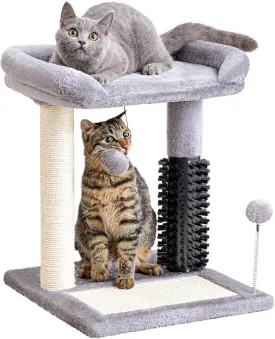 Made4Pets Small Cat Tree Tower, Cat Scratching Post 4-in-1 with Self Groomer Brush, 20" Tall Natural Sisal Cat Scratcher, Soft Plush Cat Perch Bed with Dangling Ball for Indoor Kittens, Grey