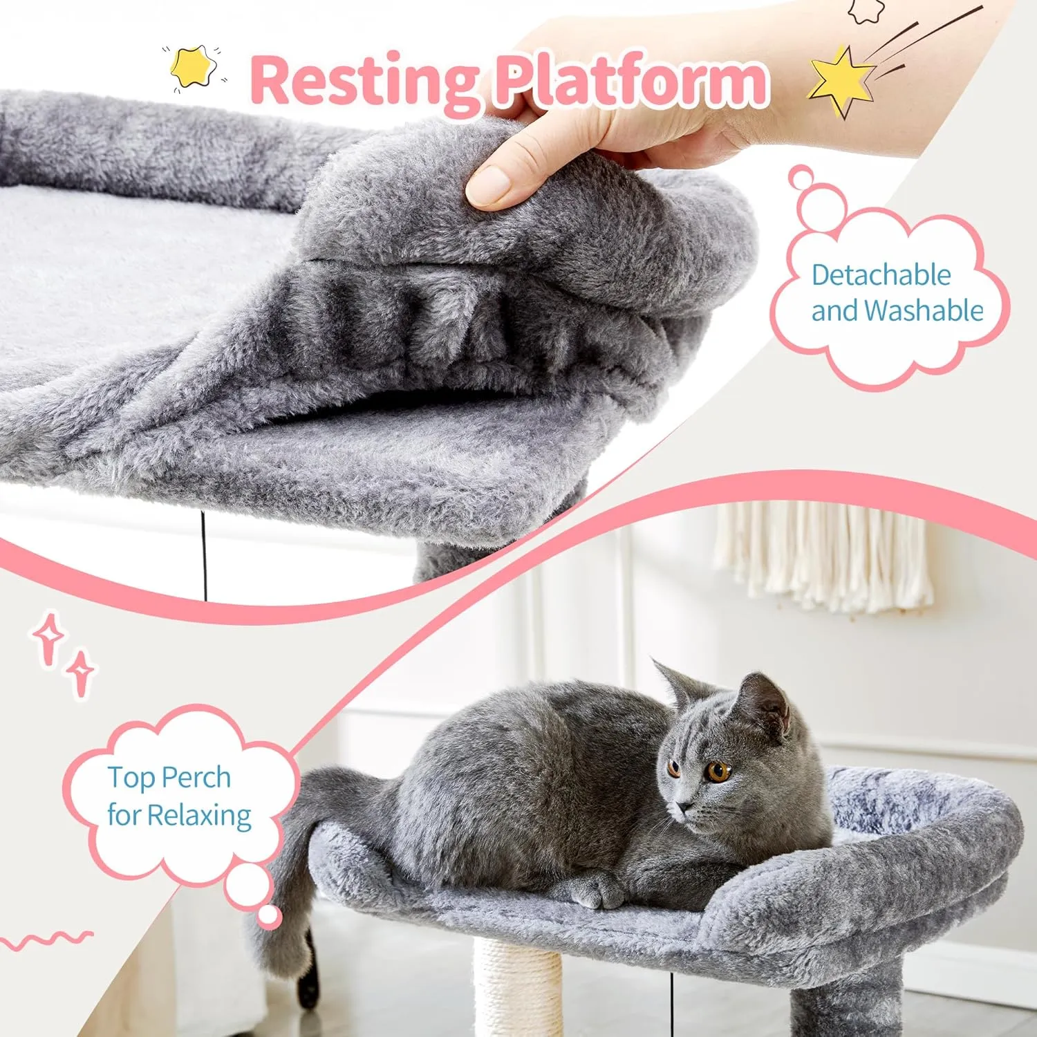 Made4Pets Small Cat Tree Tower, Cat Scratching Post 4-in-1 with Self Groomer Brush, 20" Tall Natural Sisal Cat Scratcher, Soft Plush Cat Perch Bed with Dangling Ball for Indoor Kittens, Grey
