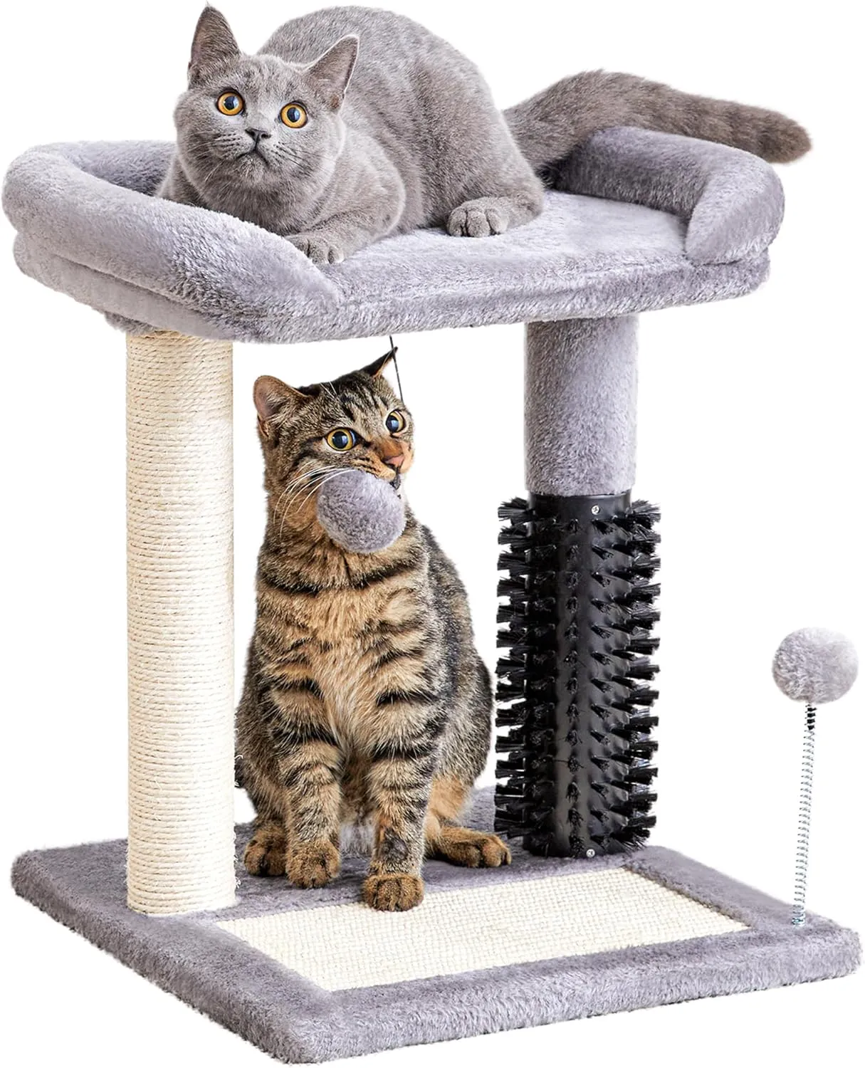 Made4Pets Small Cat Tree Tower, Cat Scratching Post 4-in-1 with Self Groomer Brush, 20" Tall Natural Sisal Cat Scratcher, Soft Plush Cat Perch Bed with Dangling Ball for Indoor Kittens, Grey