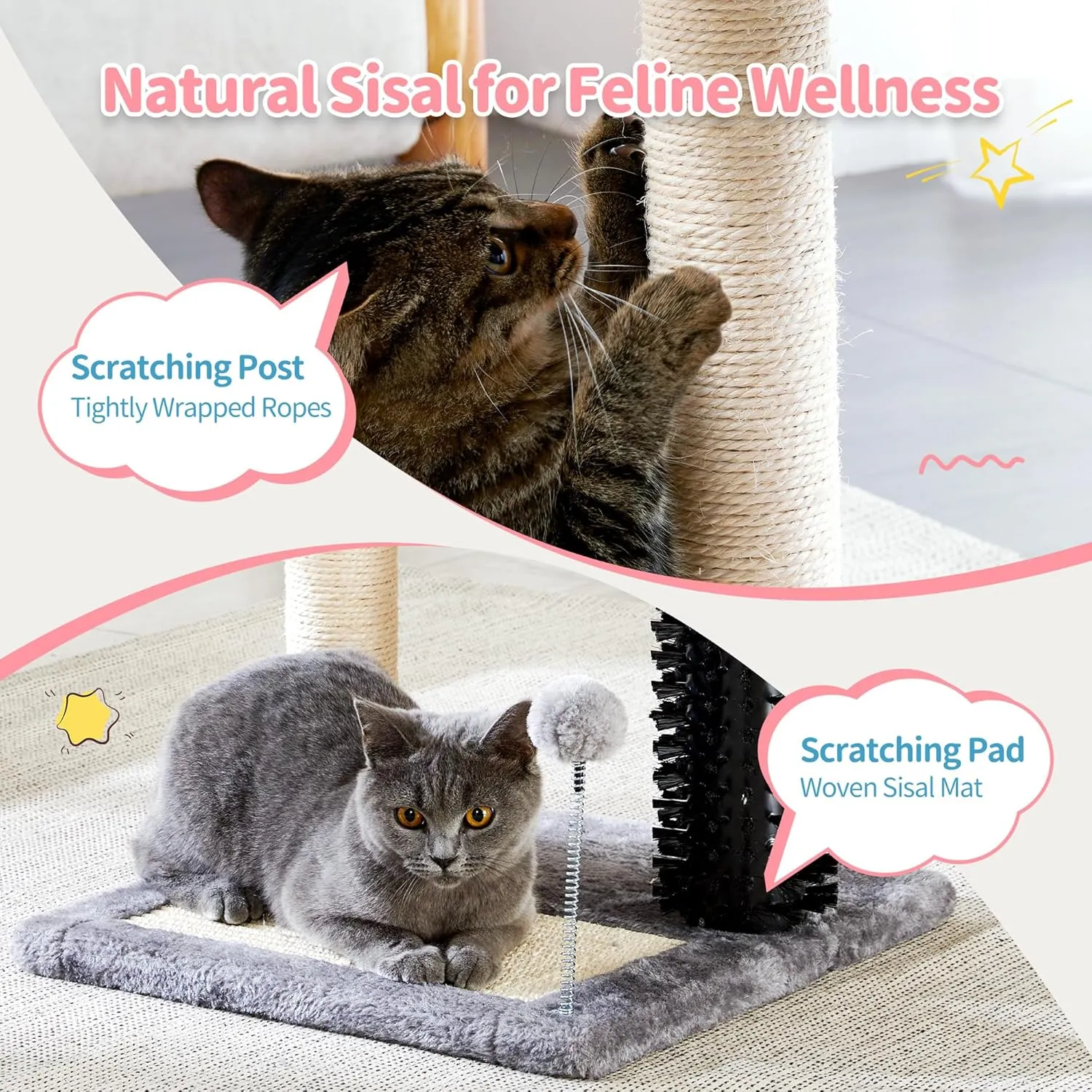 Made4Pets Small Cat Tree Tower, Cat Scratching Post 4-in-1 with Self Groomer Brush, 20" Tall Natural Sisal Cat Scratcher, Soft Plush Cat Perch Bed with Dangling Ball for Indoor Kittens, Grey