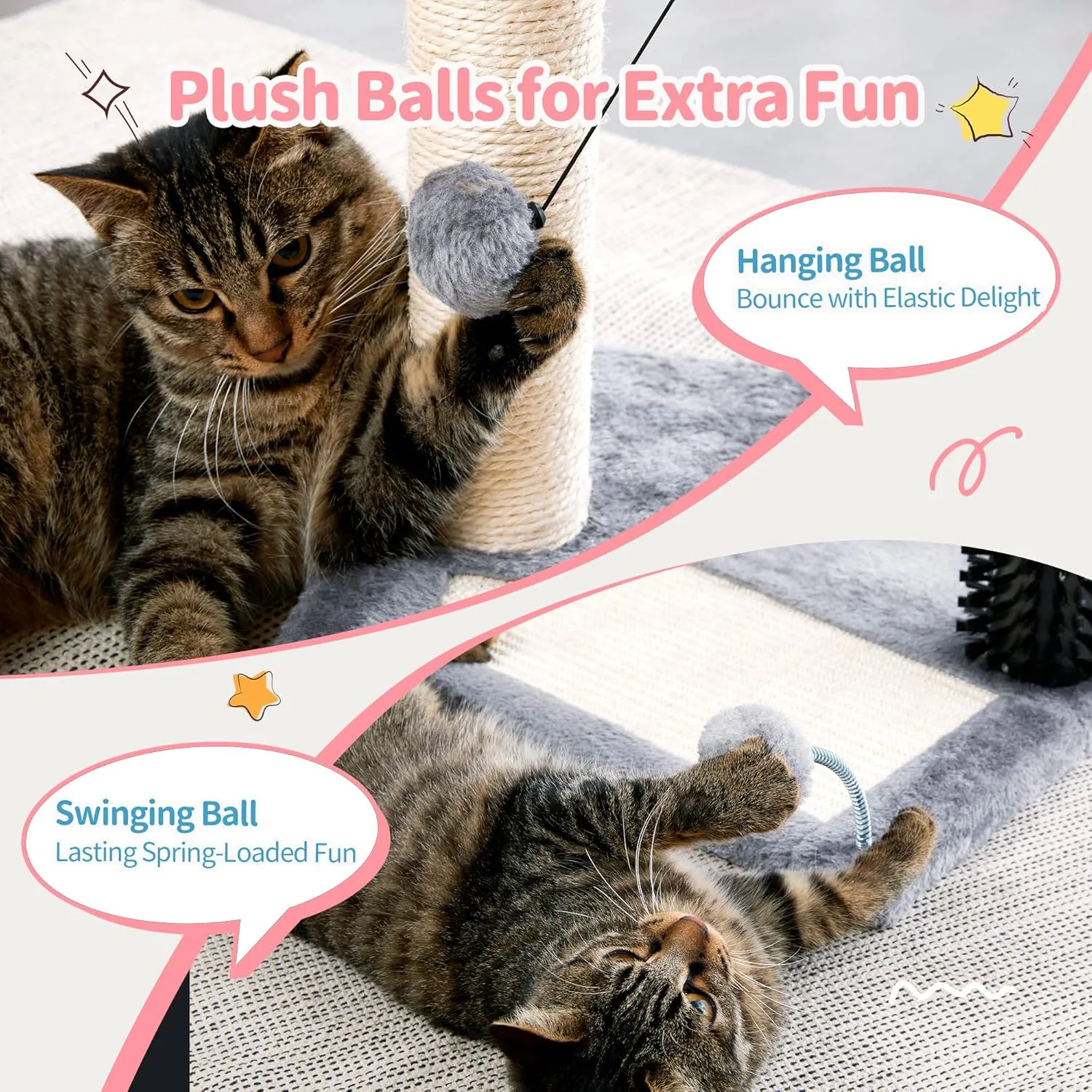 Made4Pets Small Cat Tree Tower, Cat Scratching Post 4-in-1 with Self Groomer Brush, 20" Tall Natural Sisal Cat Scratcher, Soft Plush Cat Perch Bed with Dangling Ball for Indoor Kittens, Grey