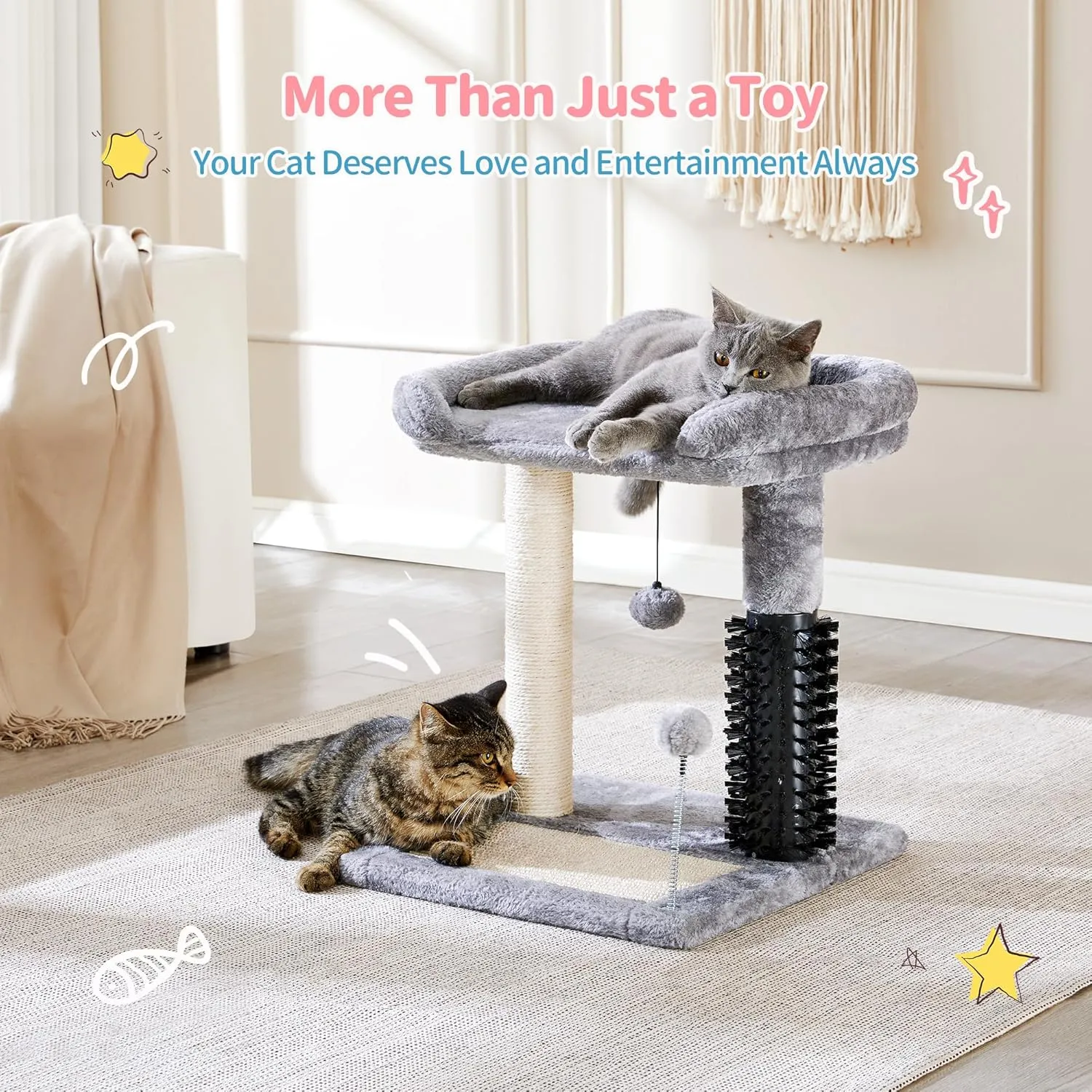 Made4Pets Small Cat Tree Tower, Cat Scratching Post 4-in-1 with Self Groomer Brush, 20" Tall Natural Sisal Cat Scratcher, Soft Plush Cat Perch Bed with Dangling Ball for Indoor Kittens, Grey