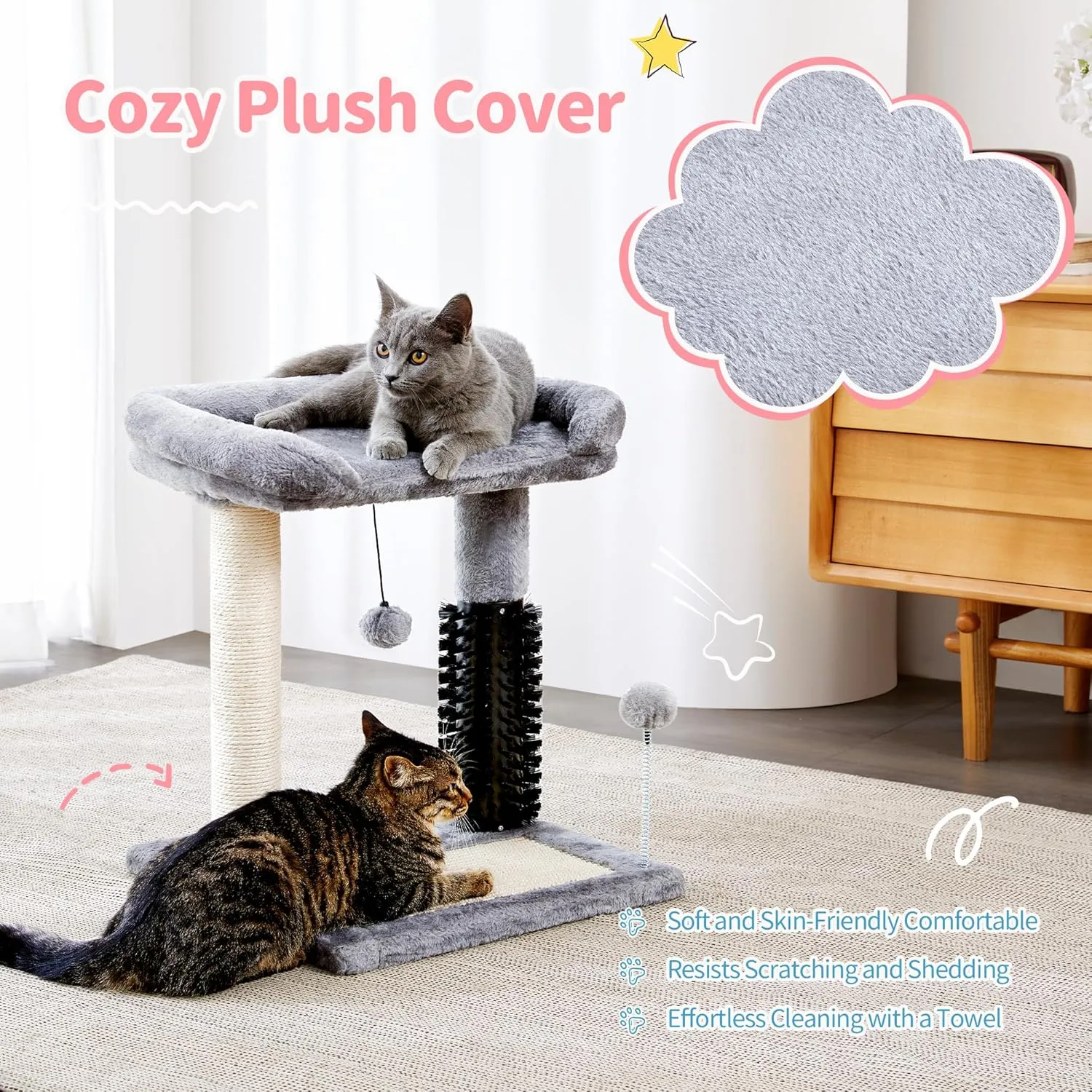 Made4Pets Small Cat Tree Tower, Cat Scratching Post 4-in-1 with Self Groomer Brush, 20" Tall Natural Sisal Cat Scratcher, Soft Plush Cat Perch Bed with Dangling Ball for Indoor Kittens, Grey