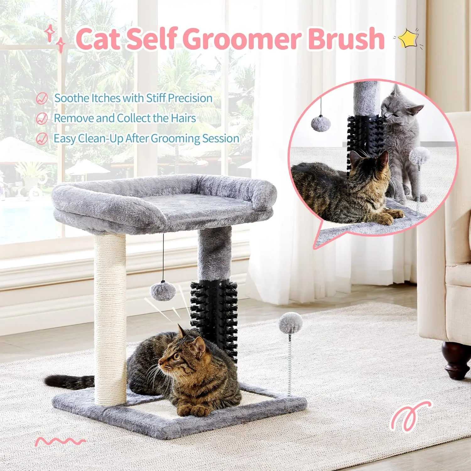 Made4Pets Small Cat Tree Tower, Cat Scratching Post 4-in-1 with Self Groomer Brush, 20" Tall Natural Sisal Cat Scratcher, Soft Plush Cat Perch Bed with Dangling Ball for Indoor Kittens, Grey