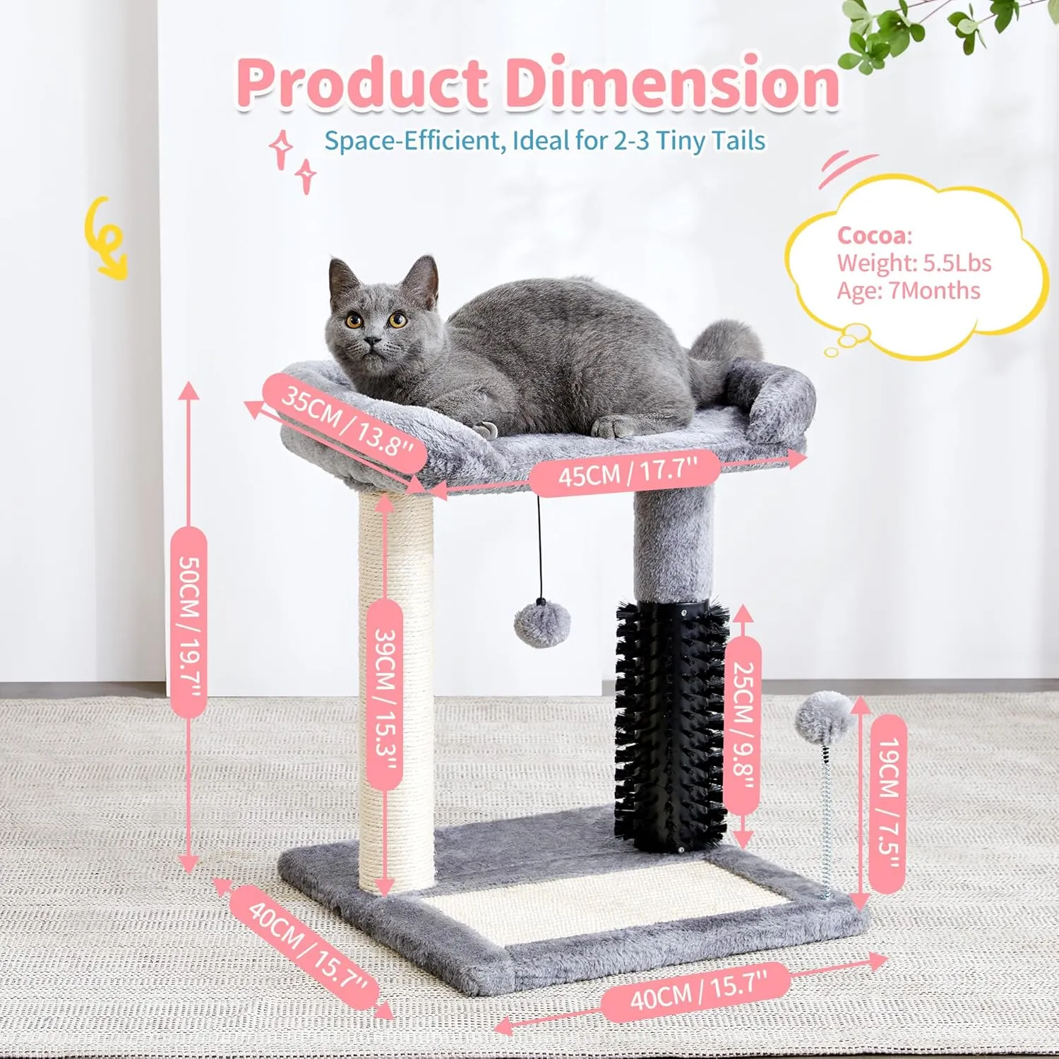 Made4Pets Small Cat Tree Tower, Cat Scratching Post 4-in-1 with Self Groomer Brush, 20" Tall Natural Sisal Cat Scratcher, Soft Plush Cat Perch Bed with Dangling Ball for Indoor Kittens, Grey