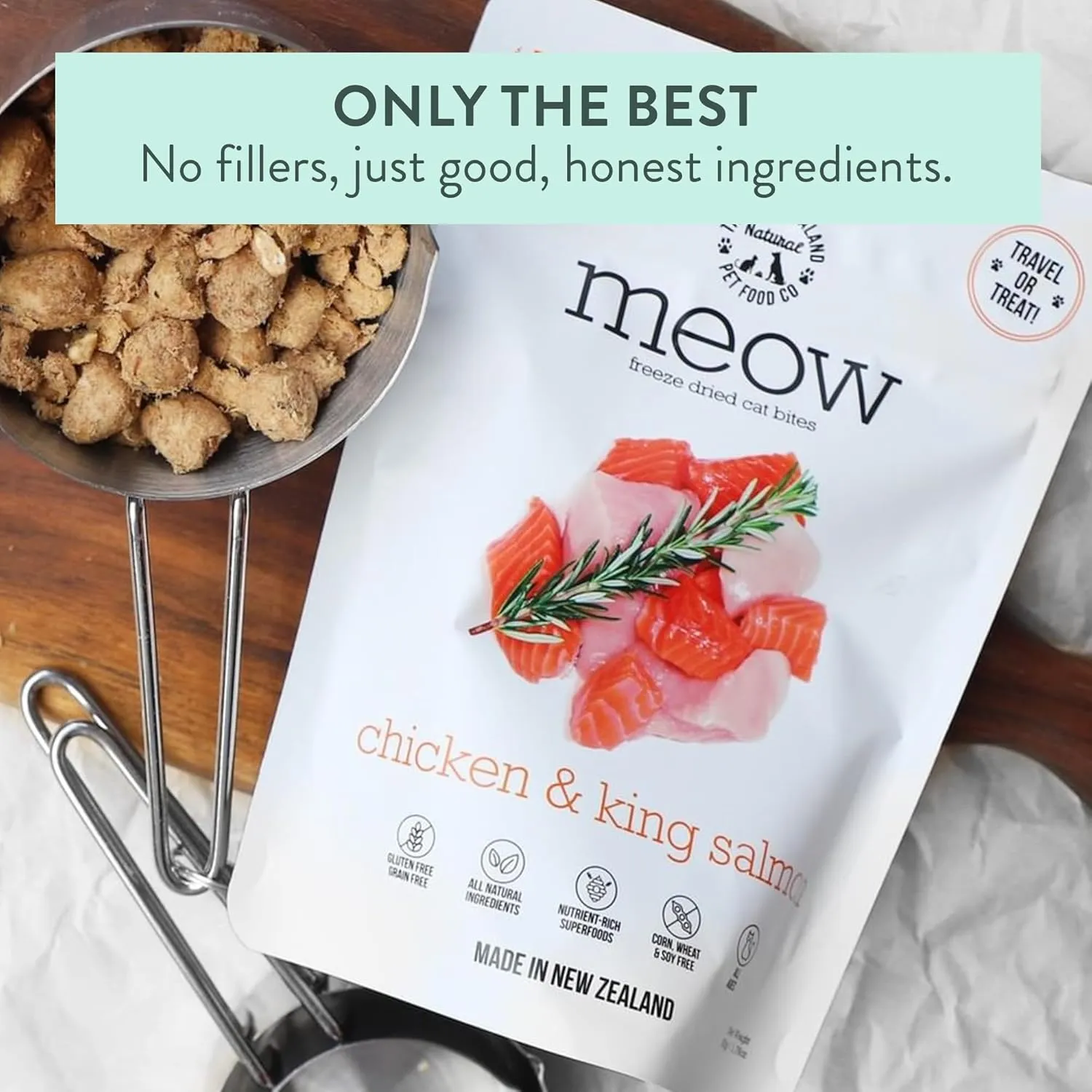 Meow Chicken & King Salmon Freeze Dried Raw Cat Food, Mixer, or Topper, or Treat - High Protein, Natural, Limited Ingredient Recipe 1.76 oz